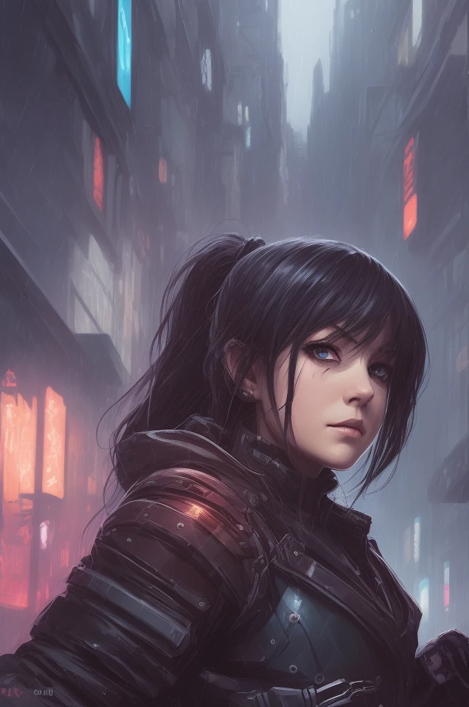(Guilty:1.3) dwarf, woman, close up, pointy ears, action pose, sci-fi complex clothes, cyberpunk, cyberpunk warehouse, rain, looking into the camera, hair flying, (anime), (illustration), cartoon, detailed,