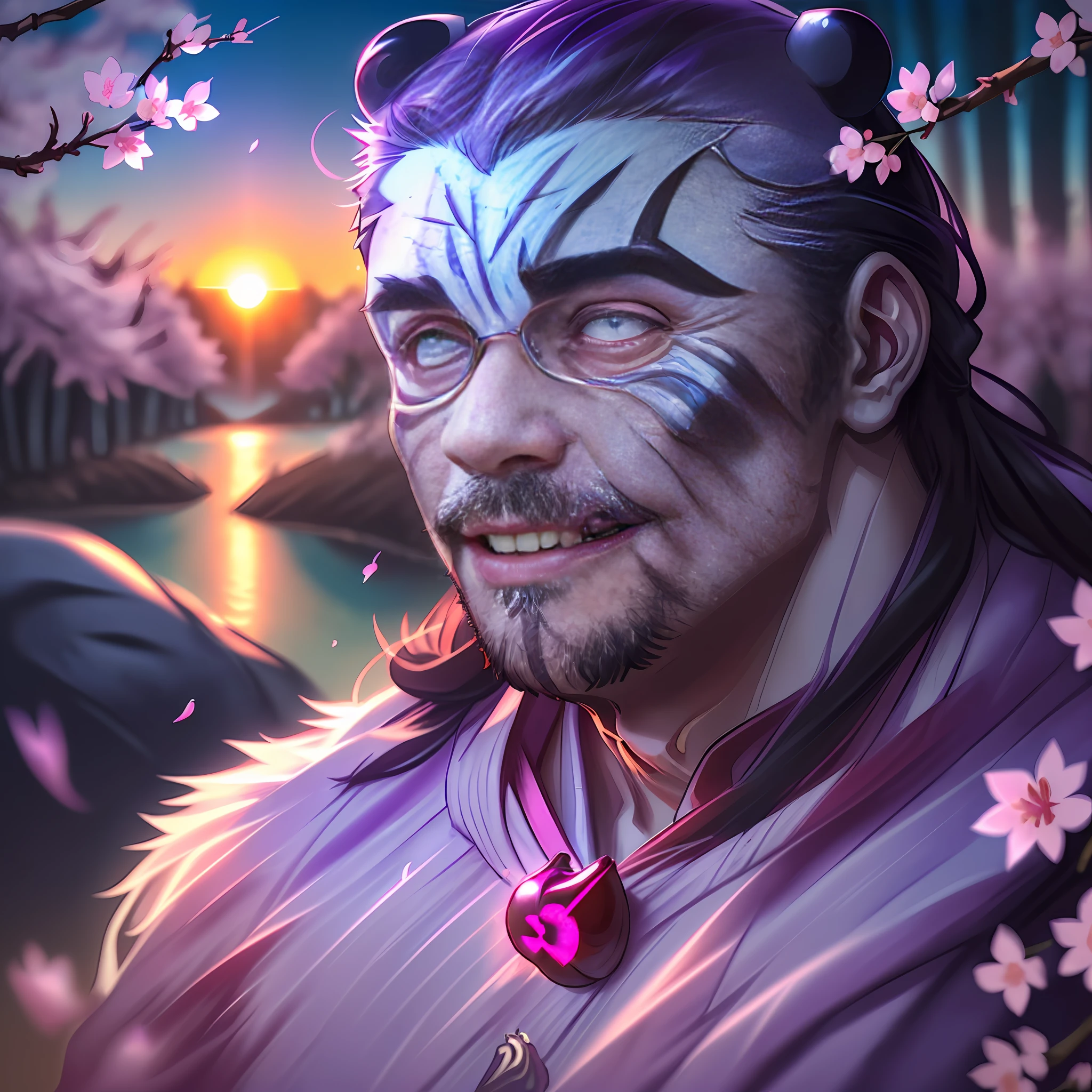 ((James Franco transformed into a half-panda half-man posing in the foreground)), shot in 4k, ((bamboo forest, cherry blossoms falling in the background, a gentle wind, sunny day, river))=1.3, contented face:bemused, looking at viewer, masterpiece, vibrant lighting, ultrarealistic, beautiful eyes, age 27, cinematic lighting, (((demonic cherry blossoms falling in background))), (angle from above), (age 30 male), (celestial bioluminescent eyes), ((breath-taking sunset:purple)), (((masterpiece)))=1.6