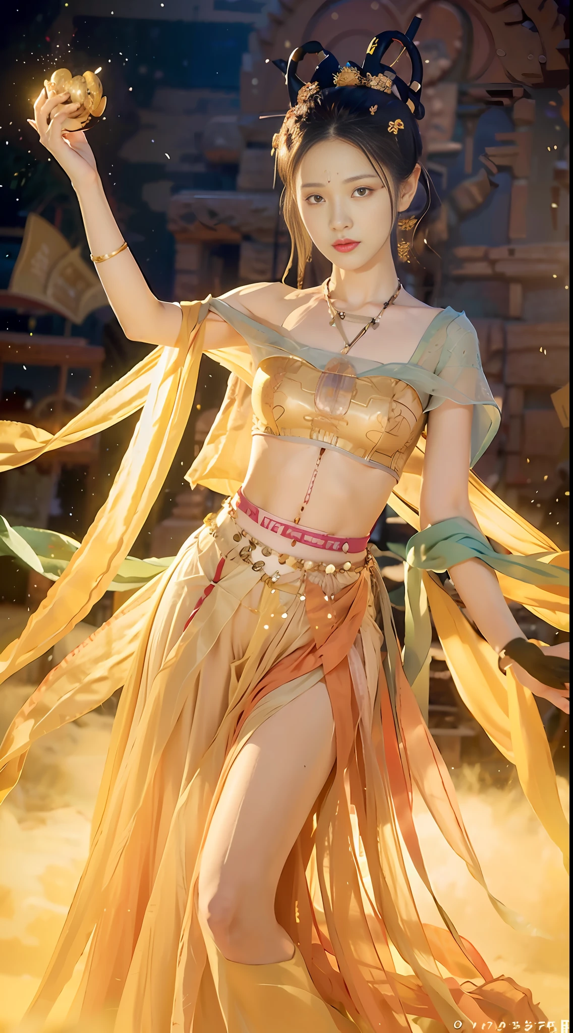 (8k, RAW photo, best quality, masterpiece:1.2), (realistic, photo-realistic:1.4), (extremely detailed CG unity 8k wallpaper), (1 girl:1.5), (yellow skirt: 1.4), red dots on forehead, pale skin, blush, big eyes, full body, thighs, open belly button, gold waist chain, gold ornaments, flying ribbons, particles, background is Loulan ancient city, ancient city wall , desert, dance, dunhuang_dress, dunhuang_style,