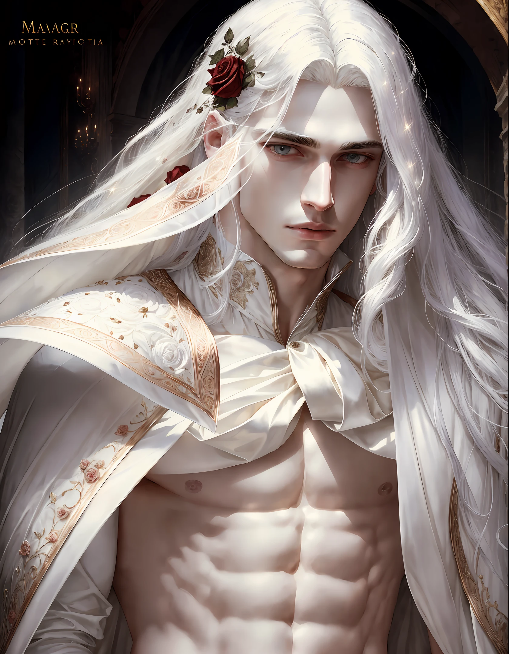 masterpiece, highest quality, solo focus, (perfect face:1.1), (high detail:1.1),dramatic, 1guy, (pale skin), long white hair, white eyes, solo, long hair, moon, night, white Victorian suit, covered navel, pouty lips, vampire, gorgeous hyper detailed face, covered, roses, detailed background, bats and glamour, cinematic lighting,