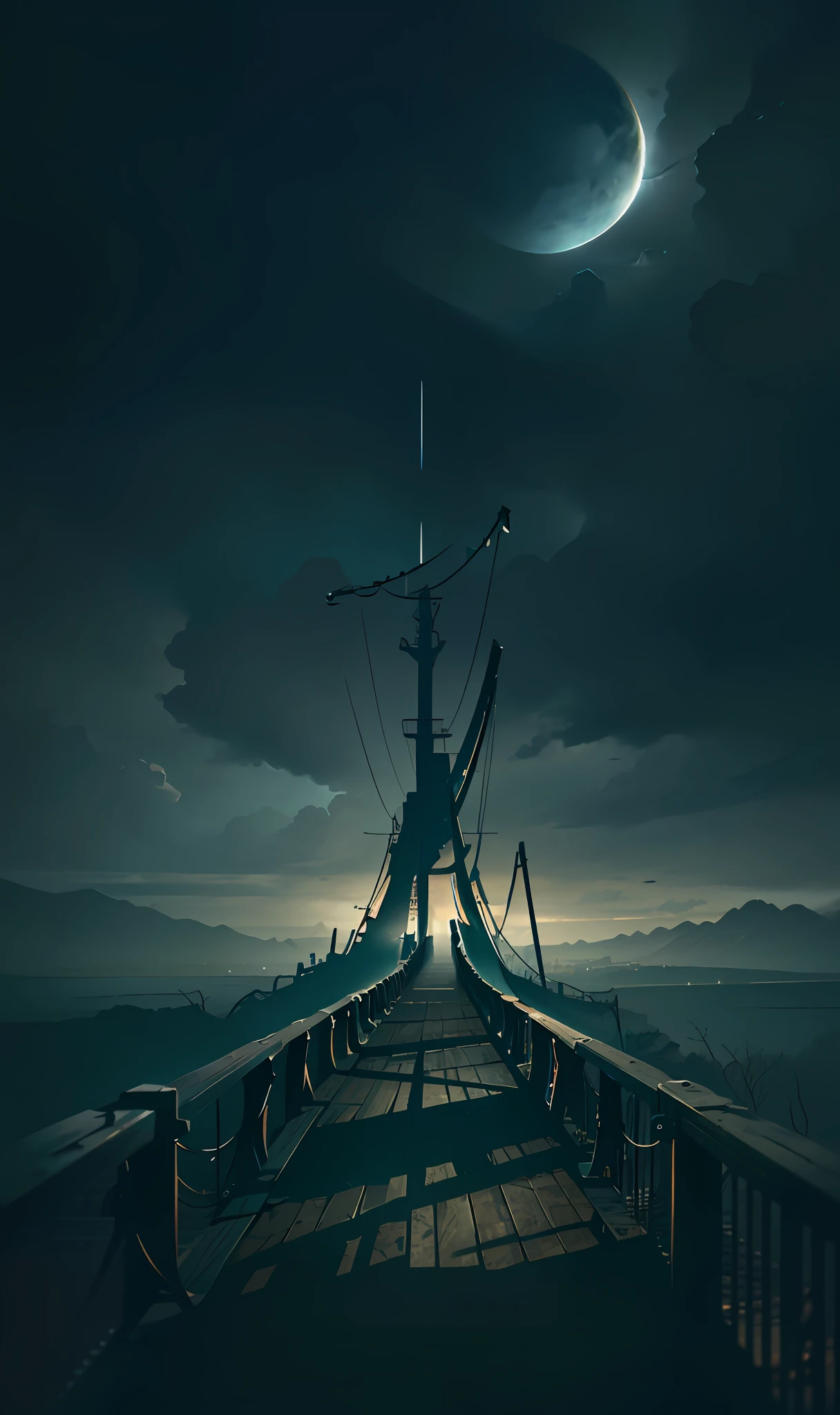 Movie poster, simple colors, cool tones, dark night, broken bridge, gloomy, suspenseful, style ethereal abstraction, (illustration: 1.0), epic composition, HD details, masterpiece, best quality, (very detailed CG unified 8k wallpaper) --v 6
