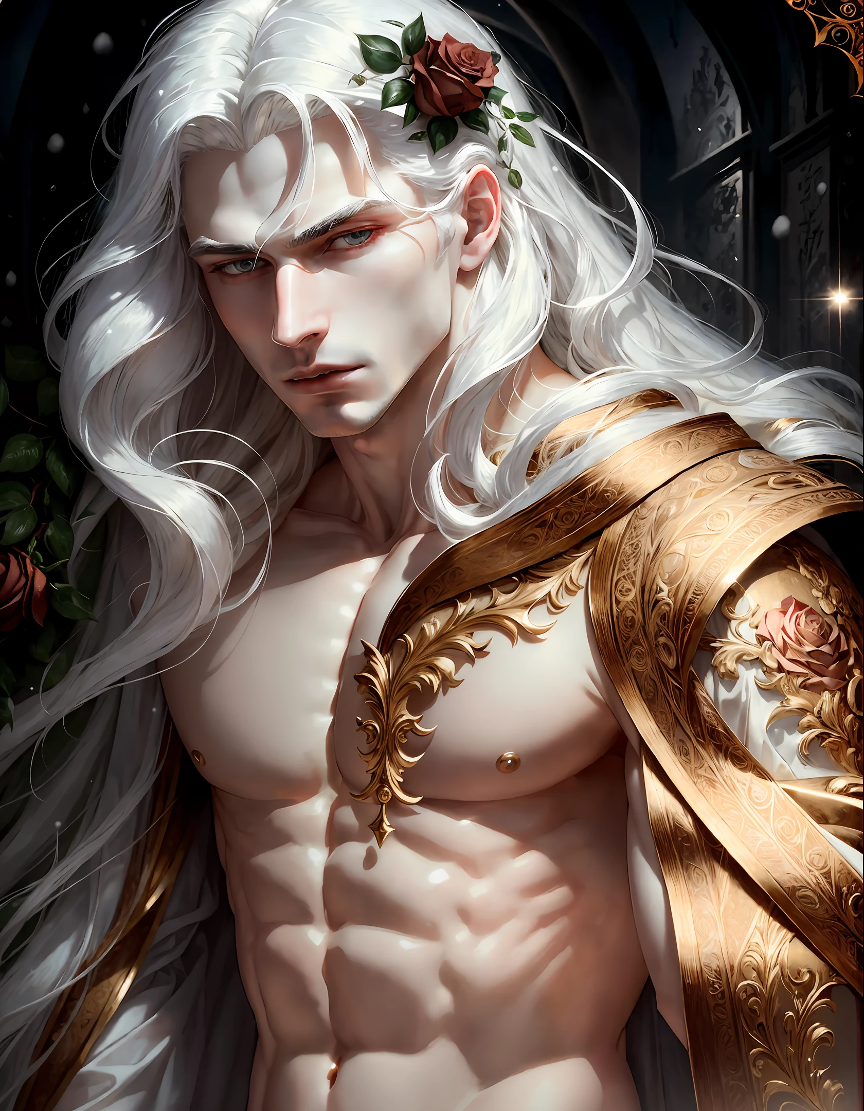 masterpiece, highest quality, solo focus, (perfect face:1.1), (high detail:1.1),dramatic, 1guy, (pale skin), long white hair, white eyes, solo, long hair, moon, night, snow, white luxury suit, covered navel, pouty lips, vampire, gorgeous hyper detailed face, covered, roses, detailed background, bats and candy, cinematic lighting