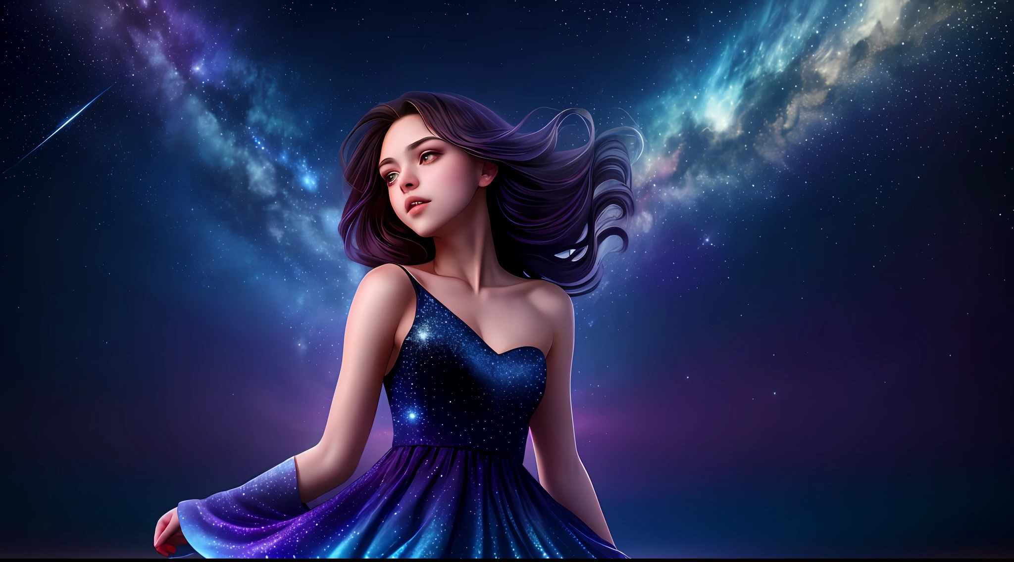 masterpiece, best quality, high quality, absurdres, 1girl, star \(sky\), 1girl, starry sky, dress, solo, long hair, light particles, gradient, gradient background, bare shoulders, night sky