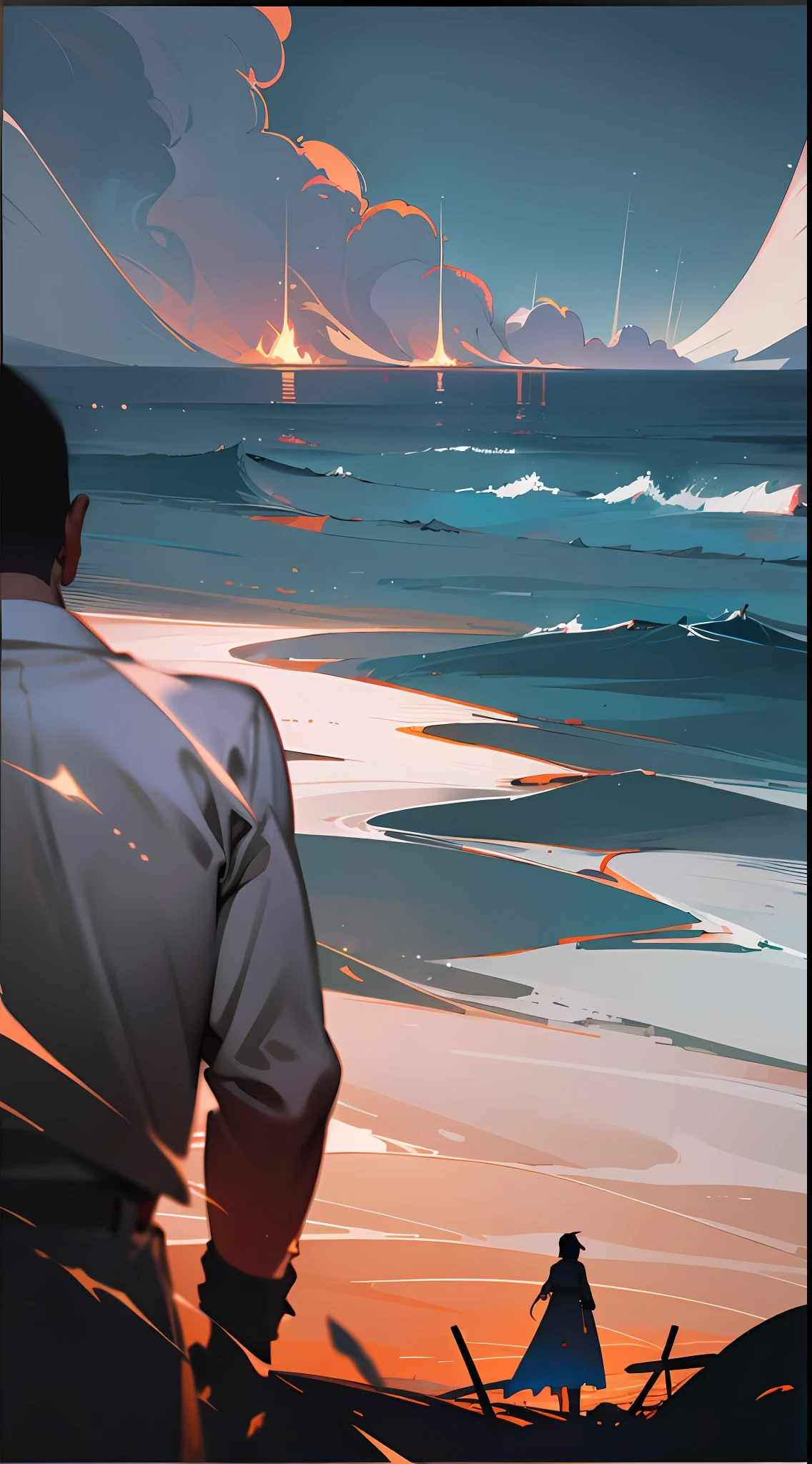 Movie poster making, horror, eerie atmosphere, night, big scene, sea, horror, vista, the subject is a man's back in front of the camera, the background is a woman in a white dress, big scene, there is a very small figure in the distance, --v 6