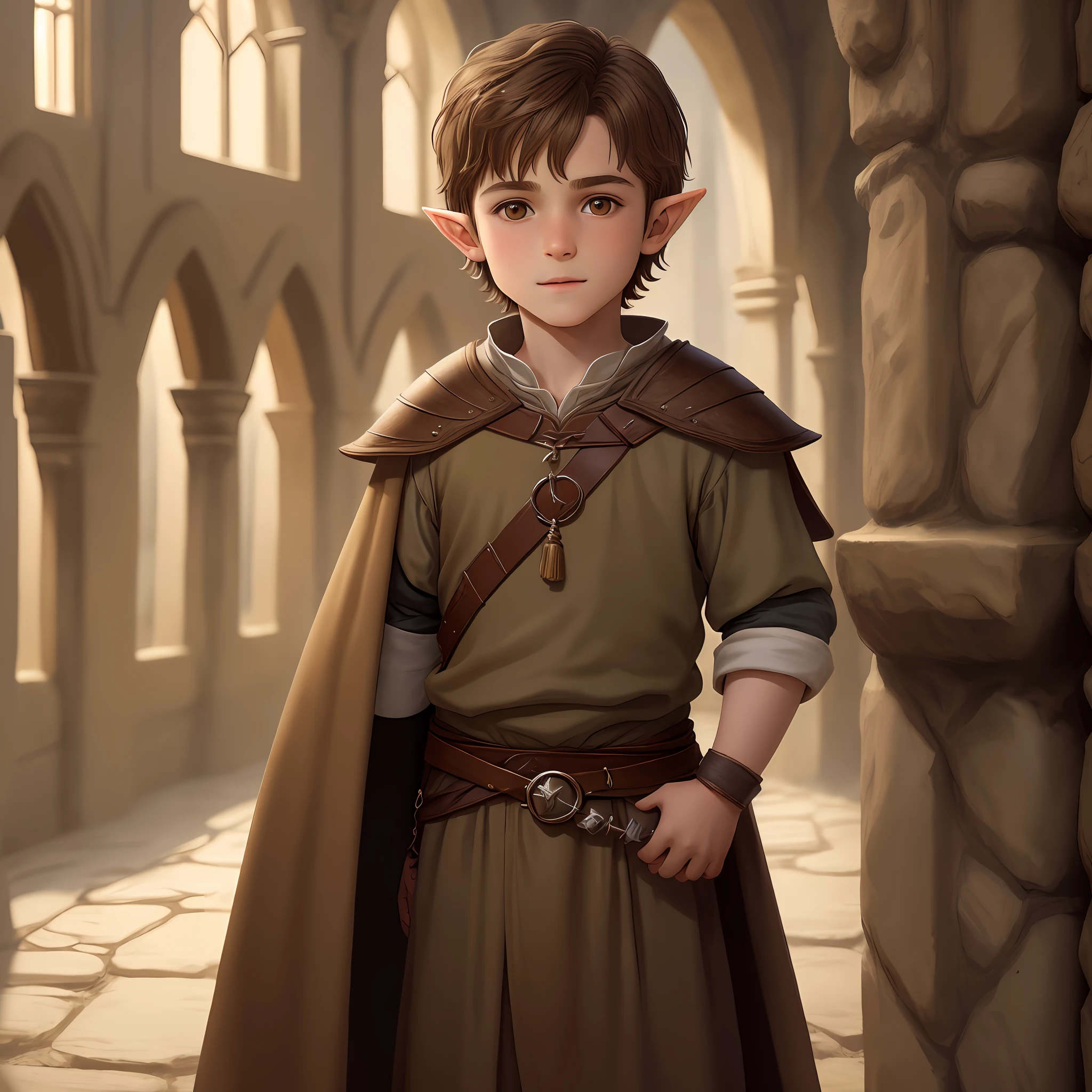 a young boy of , half-elf but with more human features, short brown hair, brown eyes, medieval