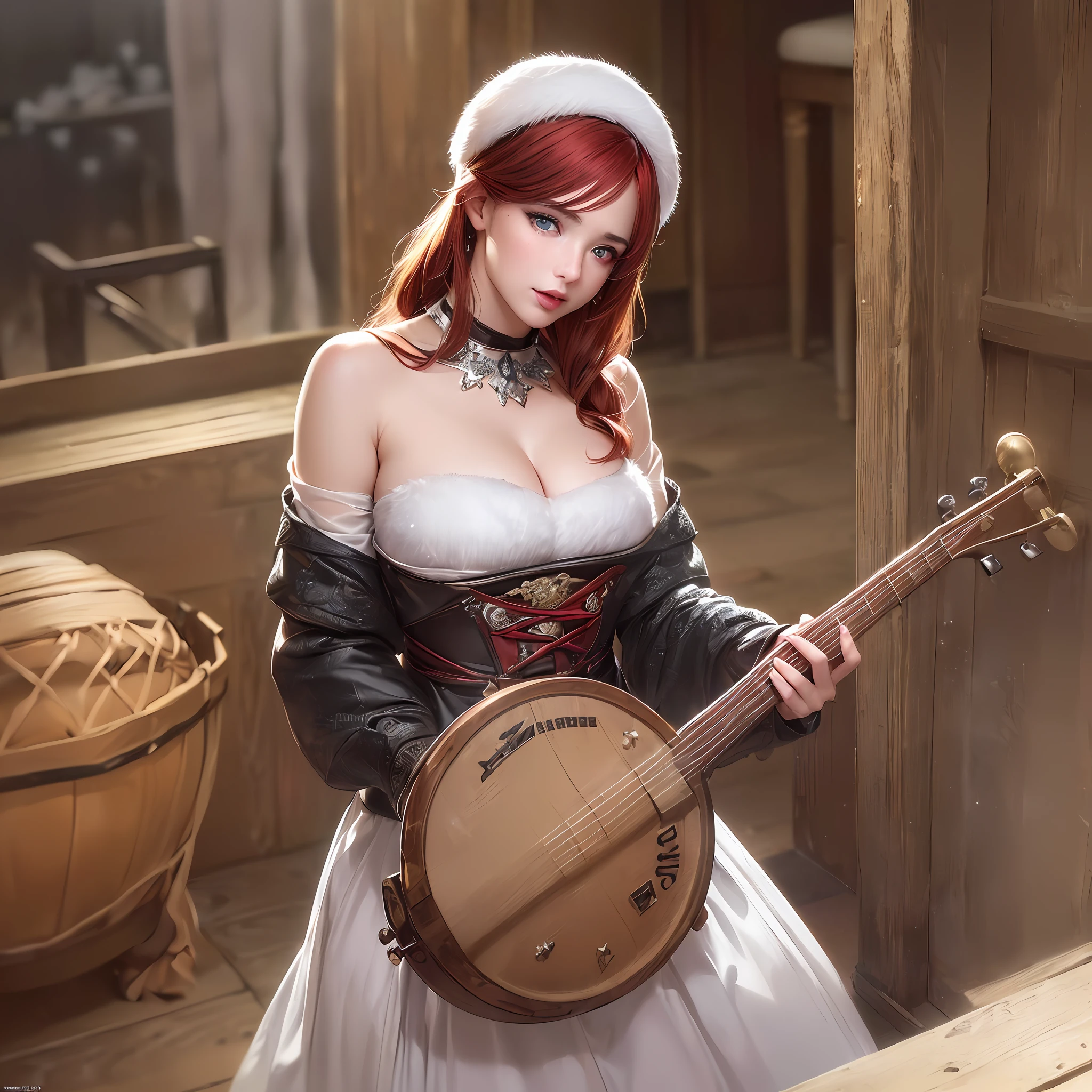 (ultra high res,photorealistic,realistic,best quality,photo-realistic), (8k, raw photo, best quality, masterpiece), (photon mapping, radiosity, physically-based rendering,automatic white balance), technological sense, best quality, masterpiece, illustration,CG ,unity ,wallpaper, official art, Amazing, finely detail, an extremely delicate and beautiful,extremely detailed, highly detailed, sharp focus,rich background,blurry background, (real person,photograph), (((high detailed skin,visible pores))),3 girls, 1 futanari,(((haunting smile,moist lips,baby face,baby fat))), ((irises and pupils are rounded,the pupil reflects the surroundings,eyes are not the same size,Heterochromia)), ((Big eyes,perfect eyes,watery eyes,red eyeshadow, eyelashes,)), ((Heterochromia)),(tavern, fireplace,bells, beer,cheers,gourmet,medieval )),(((winter night,indoor))), cinematic lighting ,(wavy,redhead),((Bard,gipsy,girls,playing lute,drum,bagpipes)),(