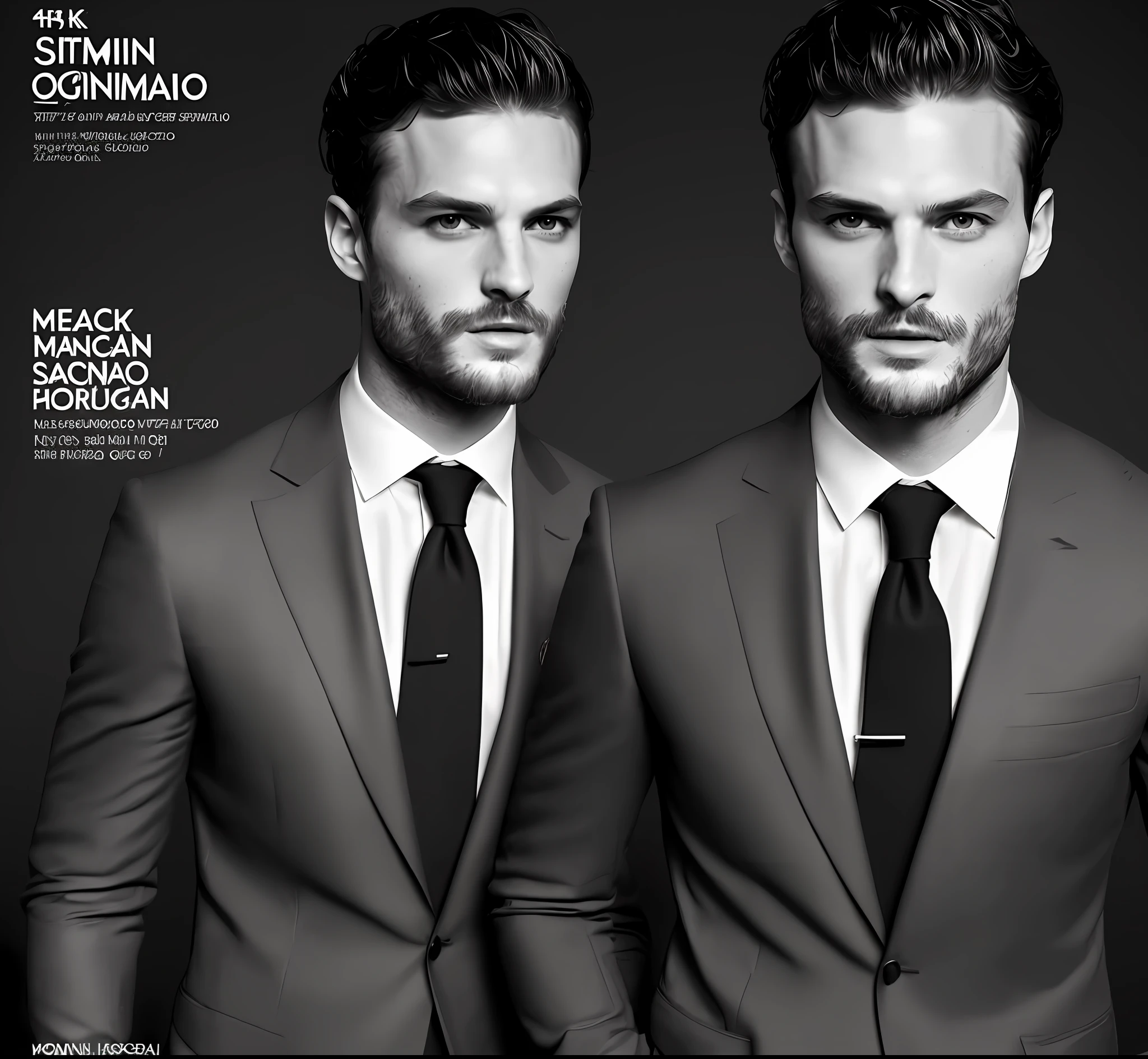 (create a ceo wearing black suit without tie), (Moreno with symmetrical model face), wearing thin beard, short dark hair, magazine cover style, man similar to actor jamie dornan, (high quality and realistic image), black dark background, cinematic style, ((Best quality, 8k, Masterpiece).