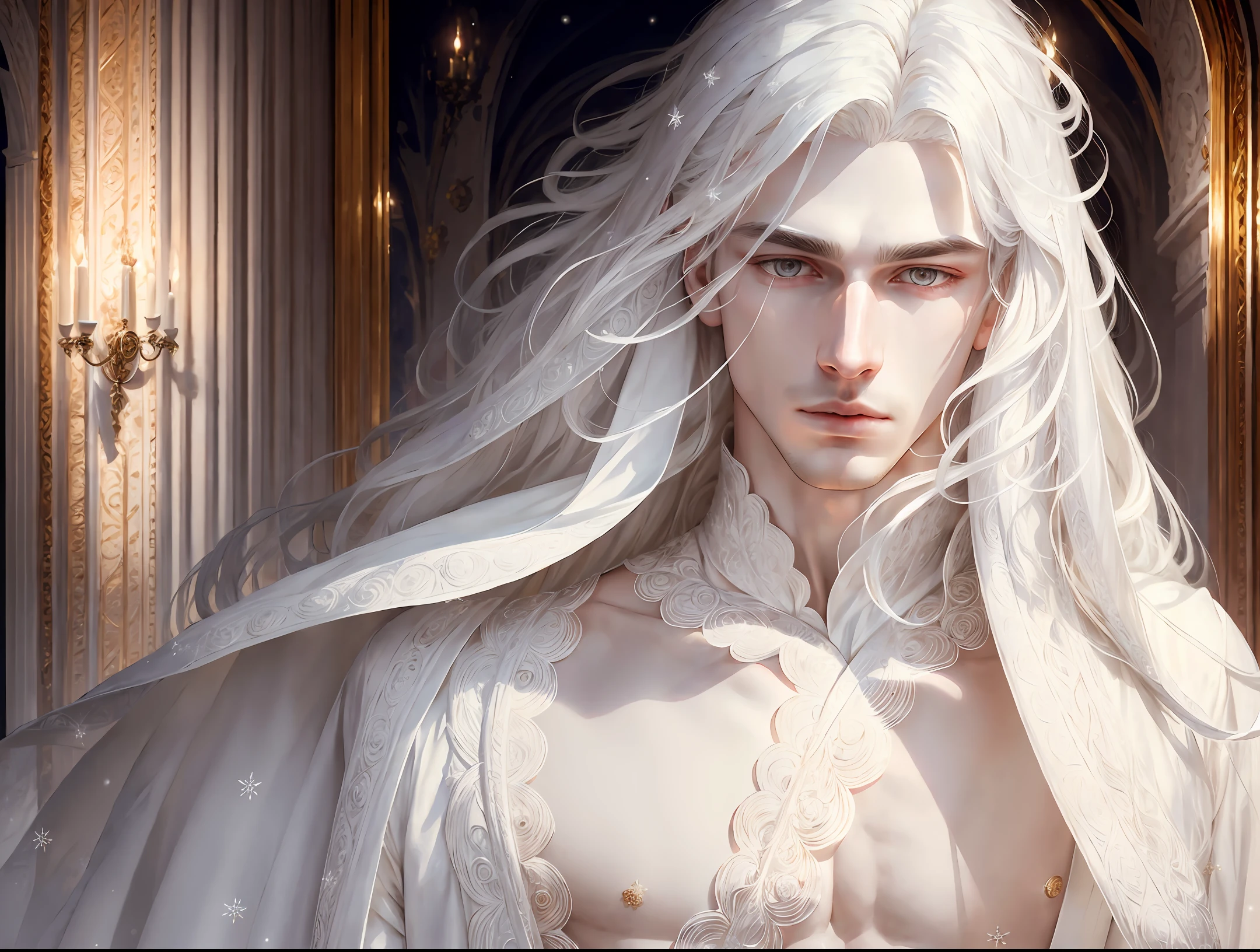 masterpiece, highest quality, solo focus, (perfect face:1.1), (intricate details:1.1),dramatic, 1guy, (pale skin), long white hair, white eyes, solo, long hair, moon, night, winter, white luxury suit, covered navel, pouty lips, vampire, (gorgeous hyper detailed face), beauty mark under eye, roses, detailed background, cinematic lighting