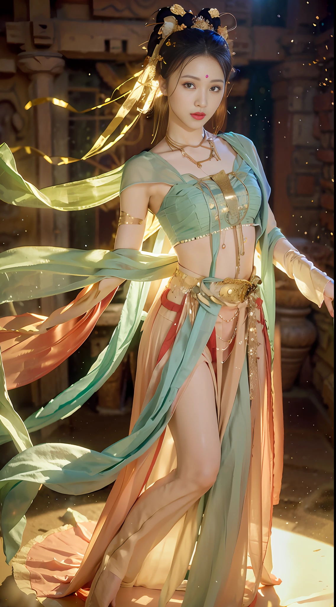 (8k, RAW photo, best quality, masterpiece:1.2), (realistic, photo-realistic:1.4), (extremely detailed CG unity 8k wallpaper), (1 girl:1.5), Western beauty, (Green clothes: 1.4), red spots on forehead, pale skin, blush, big eyes, full body, thighs, open navel, gold waist chain, gold ornaments, flying ribbons, particles, background is Loulan ancient city, ancient city wall, desert, dance, dunhuang_dress, dunhuang_style,