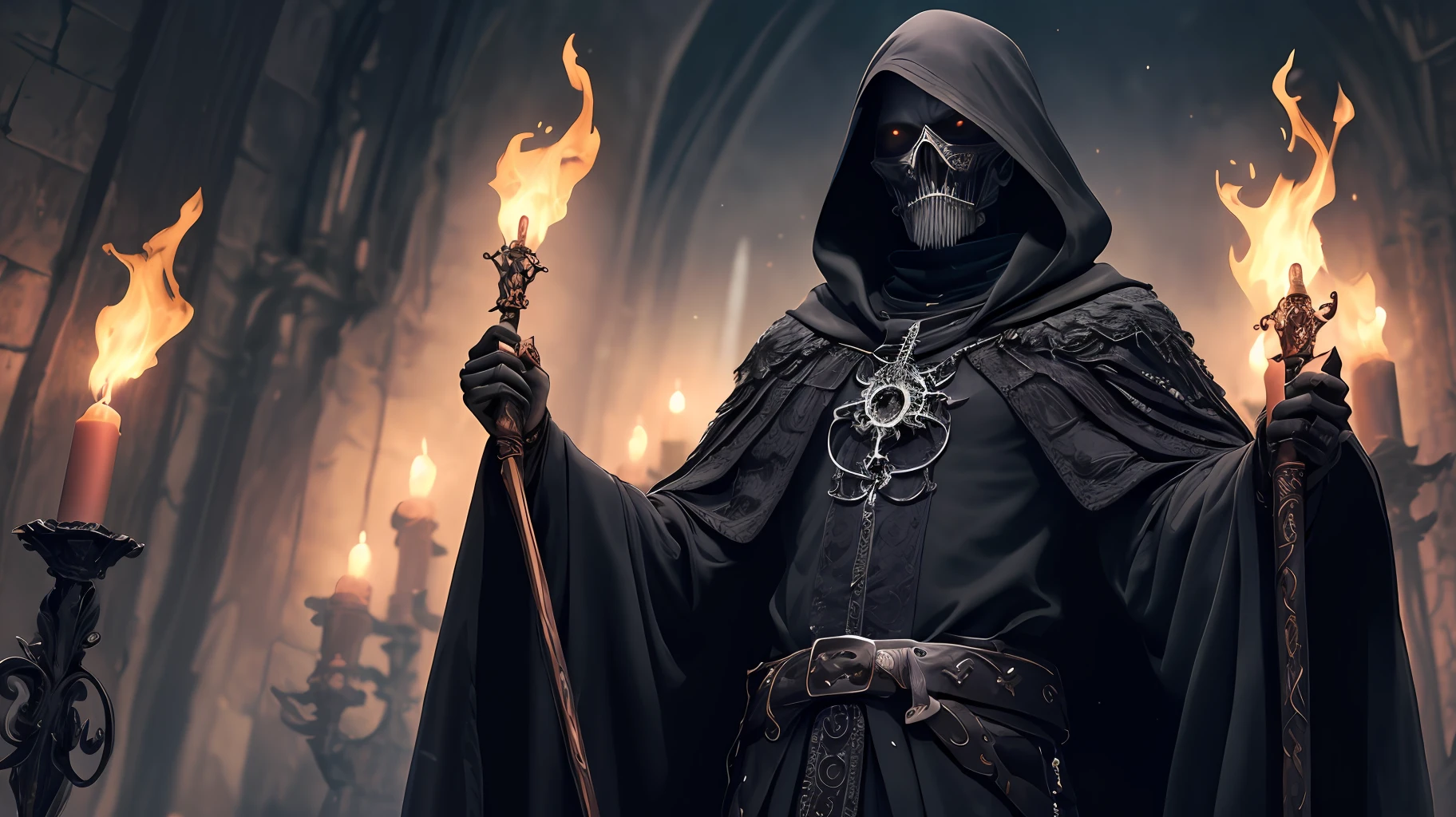 (extremely detailed 8k wallpaper), a necromancer wrapped in a black velvet cloak stolen from the darkness In a dark, abandoned dungeon, lit only by torches. His slender body is adorned with ominous details: a turtleneck cloak that conceals his pale face, garnished with rune inscriptions. His black robes are speckled with patches of dried blood, while his hands are bony and wrinkled. Intricate, High Detail, Dark, Dark Fantasy