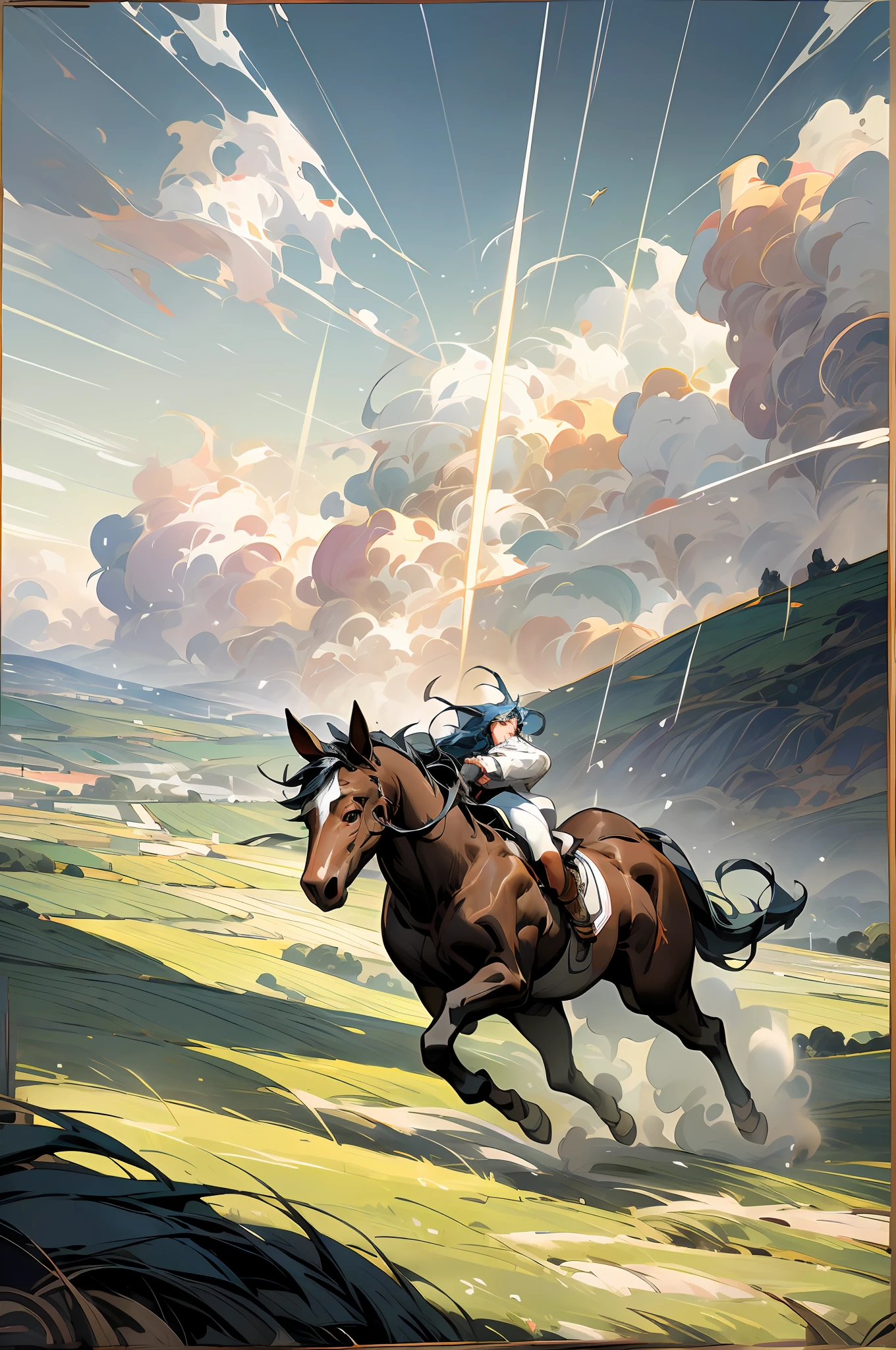 Movie poster production, the wind is tearing the grass, there is a wild horse (running wild horse) in the distance, alone, tiny, dynamic perspective, Tonalism, Fauvism, Realism, vanishing point, wide shot, atmospheric perspective, panorama, --v 6