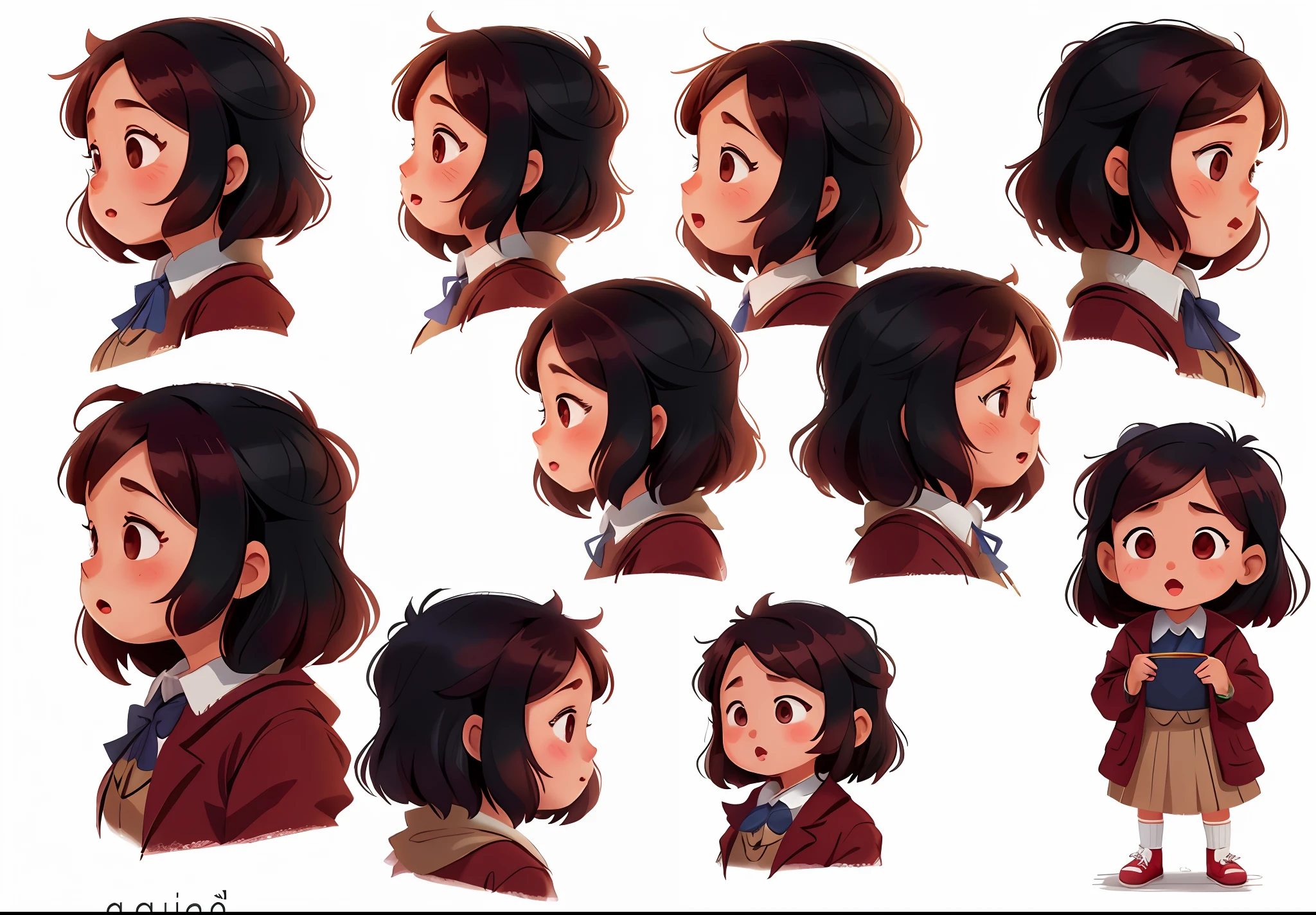 reference sheet of a girl character with multiple expressions wearing the exact same cloth