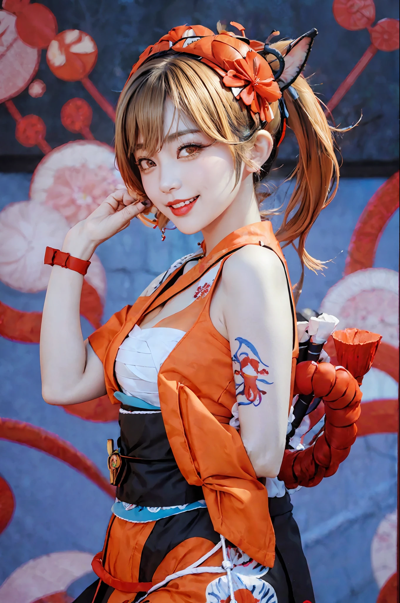 Masterpiece,Best Definition,High Definition,1girl,Blonde,Medium Hair,Asymmetrical Hair,Floating Hair,Eyebrow Hair,Hyperponytail,Side Hair,Headdress,Fish Headdress,Tassel,Kanzashi,Bangs,Orange Eyes,Open Mouth,Smile,Teeth,Upper Teeth Only,High Collar,Red Choker,Pendant Choker,Butterfly Choker,Clavicles,Tattoos,Chest Tattoos,Flower Tattoos,Splits,Middle Breasts, Thighs, Bandages, Bandaged Leg,Sarashi, Budget Sarashi,Chest Sarashi, Black Belt, Hada Nugi Dousa, Houkisei, Japanese Clothes, Kimono, Kinchaku,  Obi, Obige, Obijime, orange kimono, pouch, printed kimono, rope, sash, shimenawa, short kimono, single man shoulder, vision (Genshin Impact), oriental architecture, cherry blossoms, whole body, arms behind the back, desired smile, evil smile,