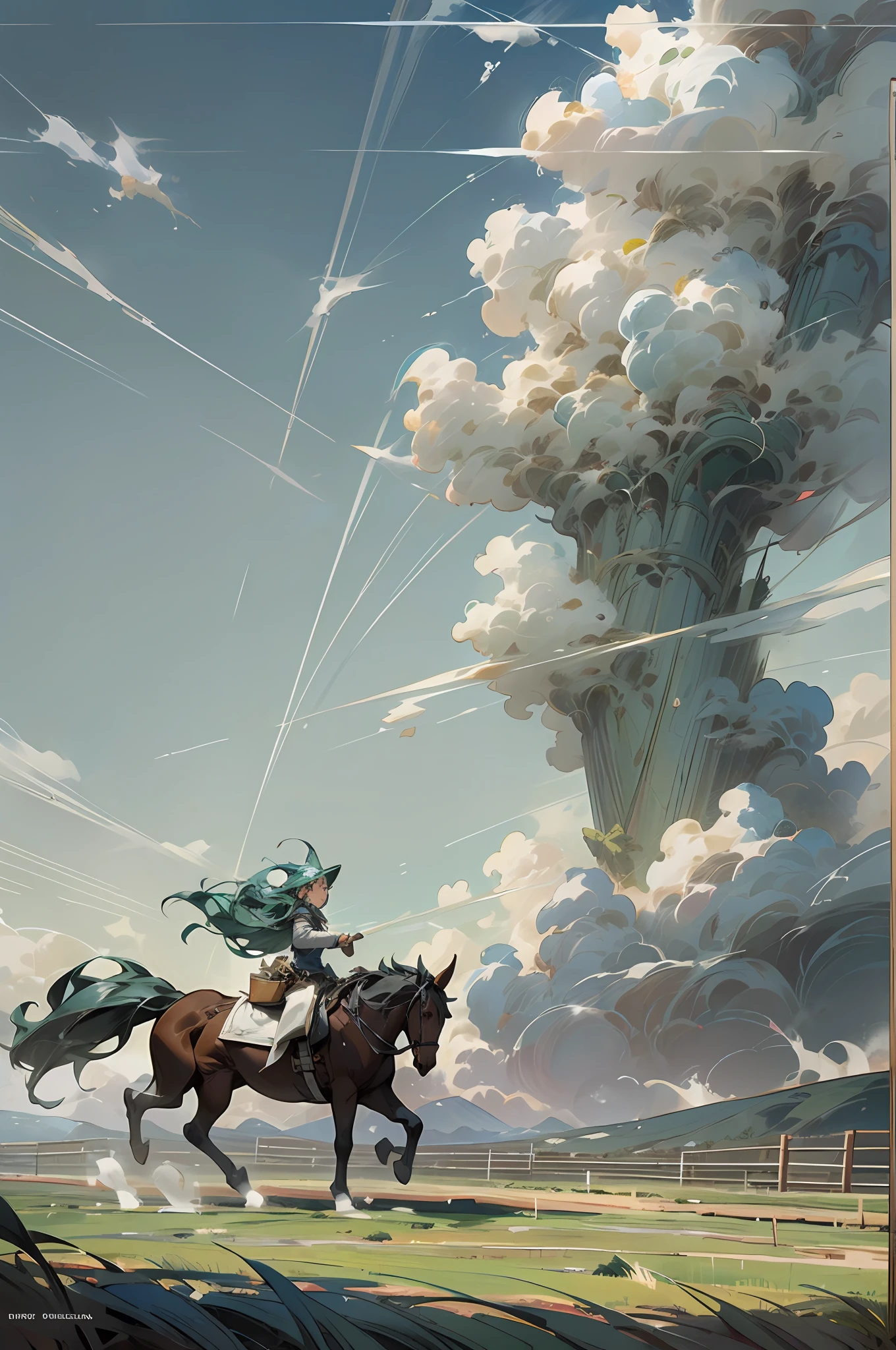 Movie poster production, the strong wind tore the green grass, a wild horse galloped past in the distance, blue sky, white clouds, plateau, individual, tiny, dynamic perspective, Tonalism, Fauvism, Realism, vanishing point, wide shot, atmospheric perspective, panorama, --v 6
