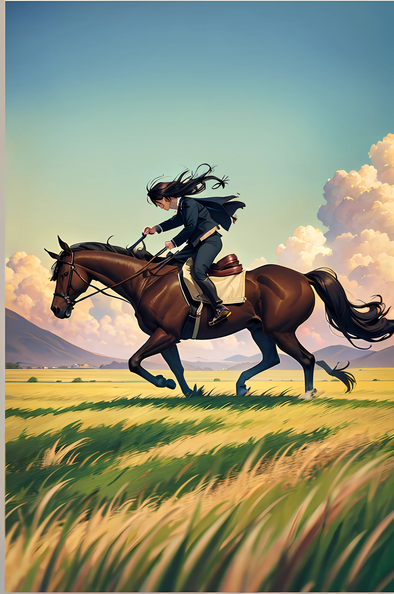 Movie poster production, the wind tore the grass, a wild horse galloped past in the distance, individual, tiny, dynamic perspective, Tonalism, Fauvism, Realism, vanishing point, wide shot, atmospheric perspective, panorama, --v 6