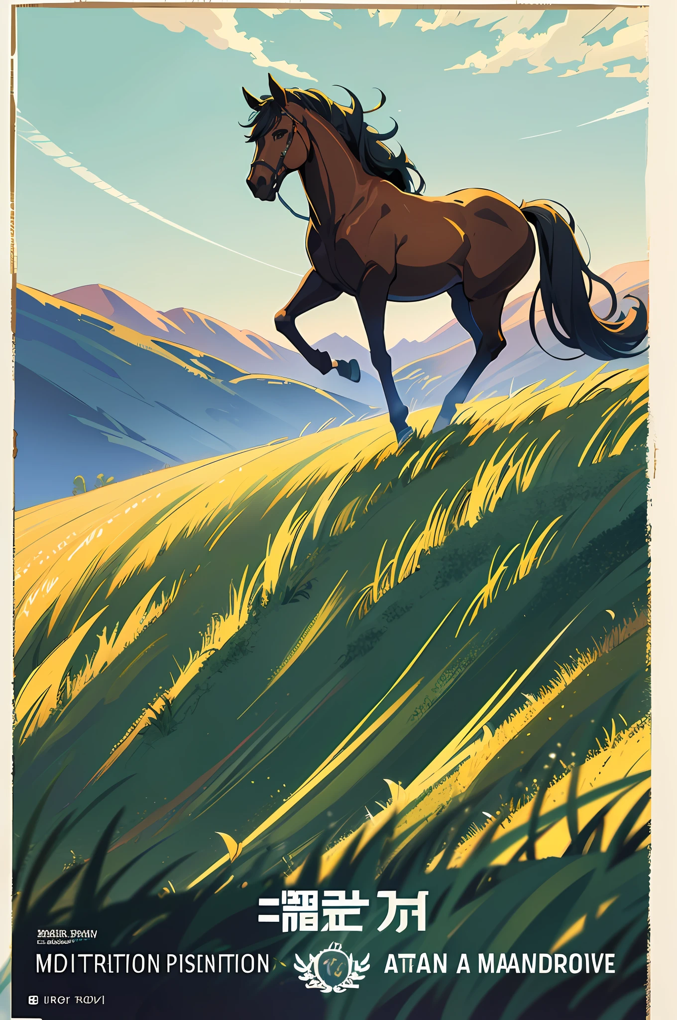 Movie poster production, the wind tore the grass, a wild horse galloped past in the distance, individual, tiny, dynamic perspective, Tonalism, Fauvism, Realism, vanishing point, wide shot, atmospheric perspective, panorama, --v 6
