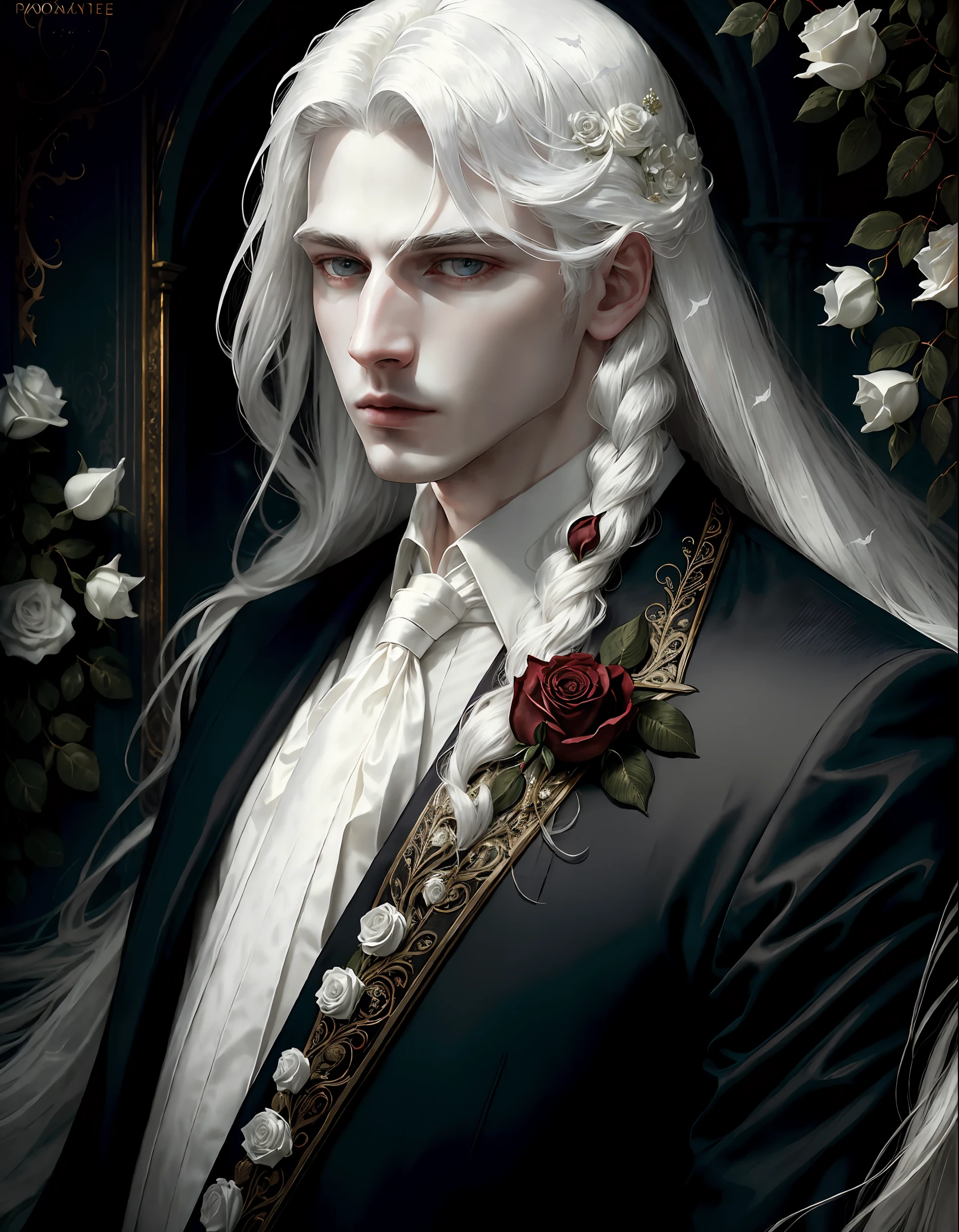 masterpiece, highest quality, solo focus, (perfect face:1.1), (intricate details:1.1),dramatic, 1guy, (pale skin), long white hair, white eyes, solo, long straight hair, moon, night, white luxury suit, pouty lips, vampire, gorgeous hyper detailed face, roses, detailed background, cinematic lighting, bats and candy