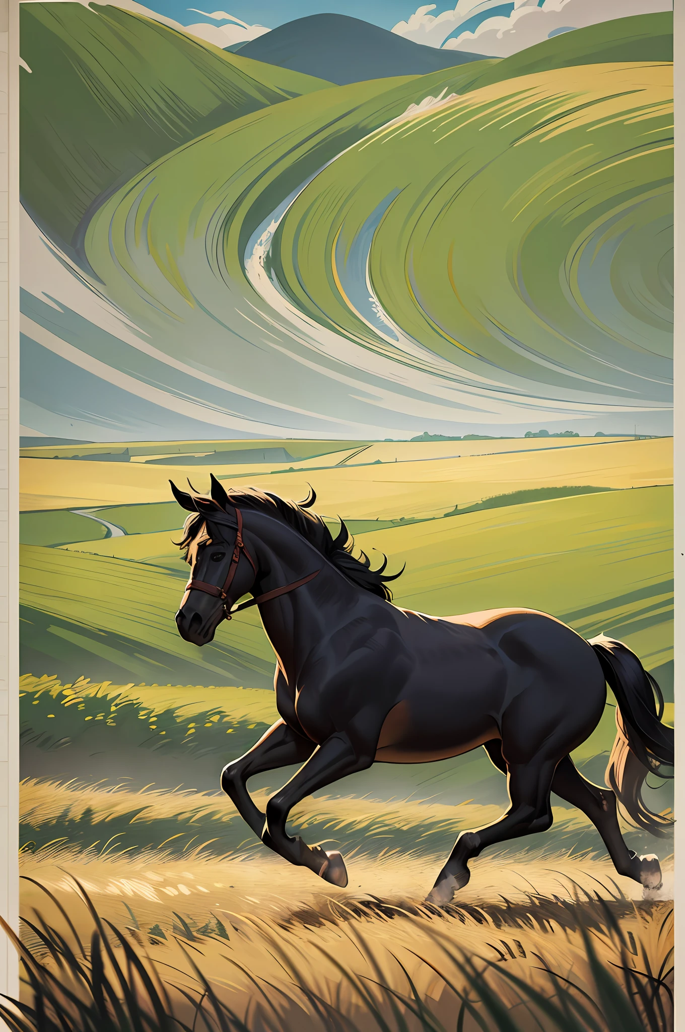 Movie poster production, the wind tore the grass, a wild horse galloped past in the distance, individual, tiny, dynamic perspective, Tonalism, Fauvism, Realism, vanishing point, wide shot, atmospheric perspective, panorama, --v 6