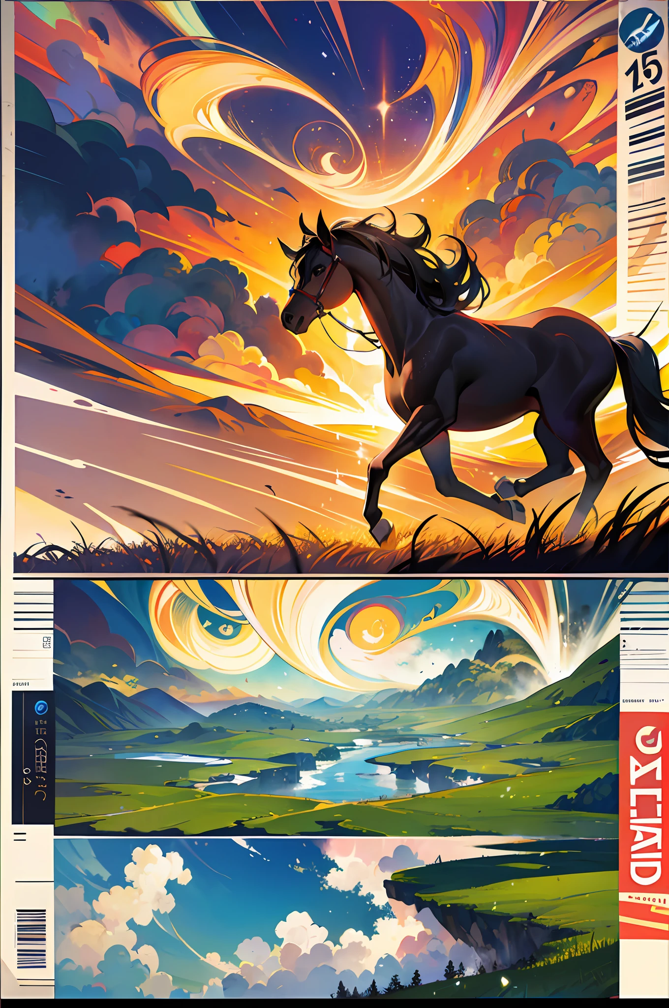 Movie poster production, the wind tore the grass, a wild horse galloped past in the distance, individual, tiny, dynamic perspective, Tonalism, Fauvism, Realism, vanishing point, wide shot, atmospheric perspective, panorama, --v 6