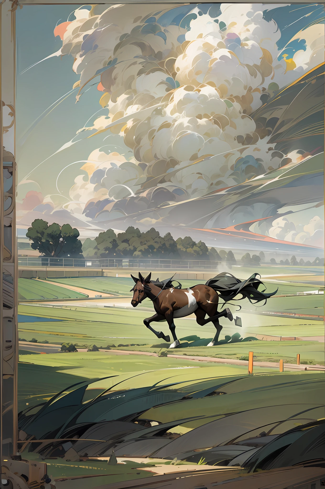 Movie poster production, the wind tore the grass, a wild horse galloped past in the distance, individual, tiny, dynamic perspective, Tonalism, Fauvism, Realism, vanishing point, wide shot, atmospheric perspective, panorama, --v 6