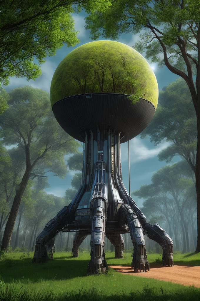 a pa\isagem with many [trees and a friendly being, realistic design, interplanetary.