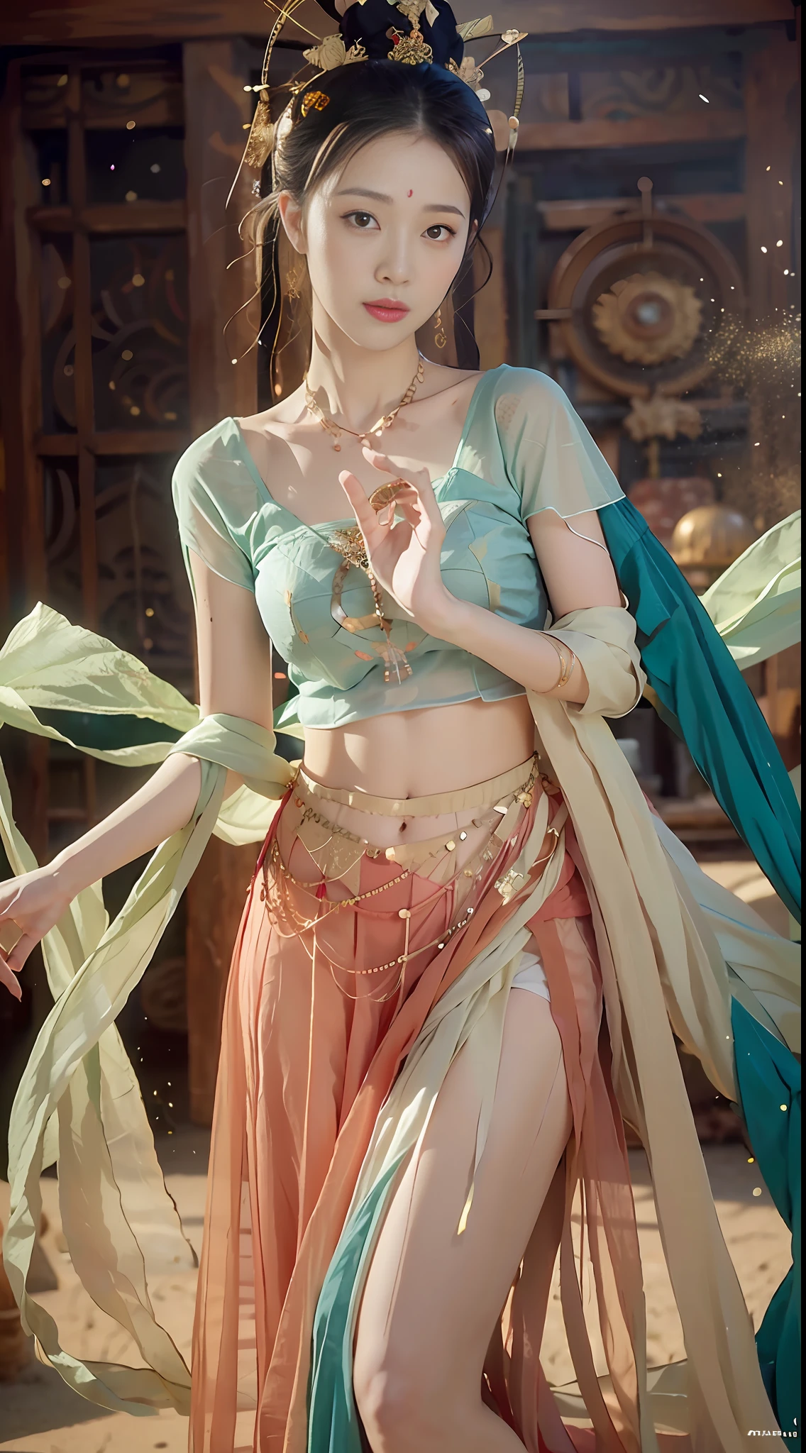 (8k, RAW photo, best quality, masterpiece:1.2), (realistic, photo-realistic:1.4), (extremely detailed CG unity 8k wallpaper), (1 girl:1.5), Western beauty, (Green clothes: 1.4), red spots on forehead, pale skin, blush, big eyes, full body, thighs, open navel, gold waist chain, gold ornaments, flying ribbons, particles, background is Loulan ancient city, ancient city wall, desert, dance, dunhuang_dress, dunhuang_style,