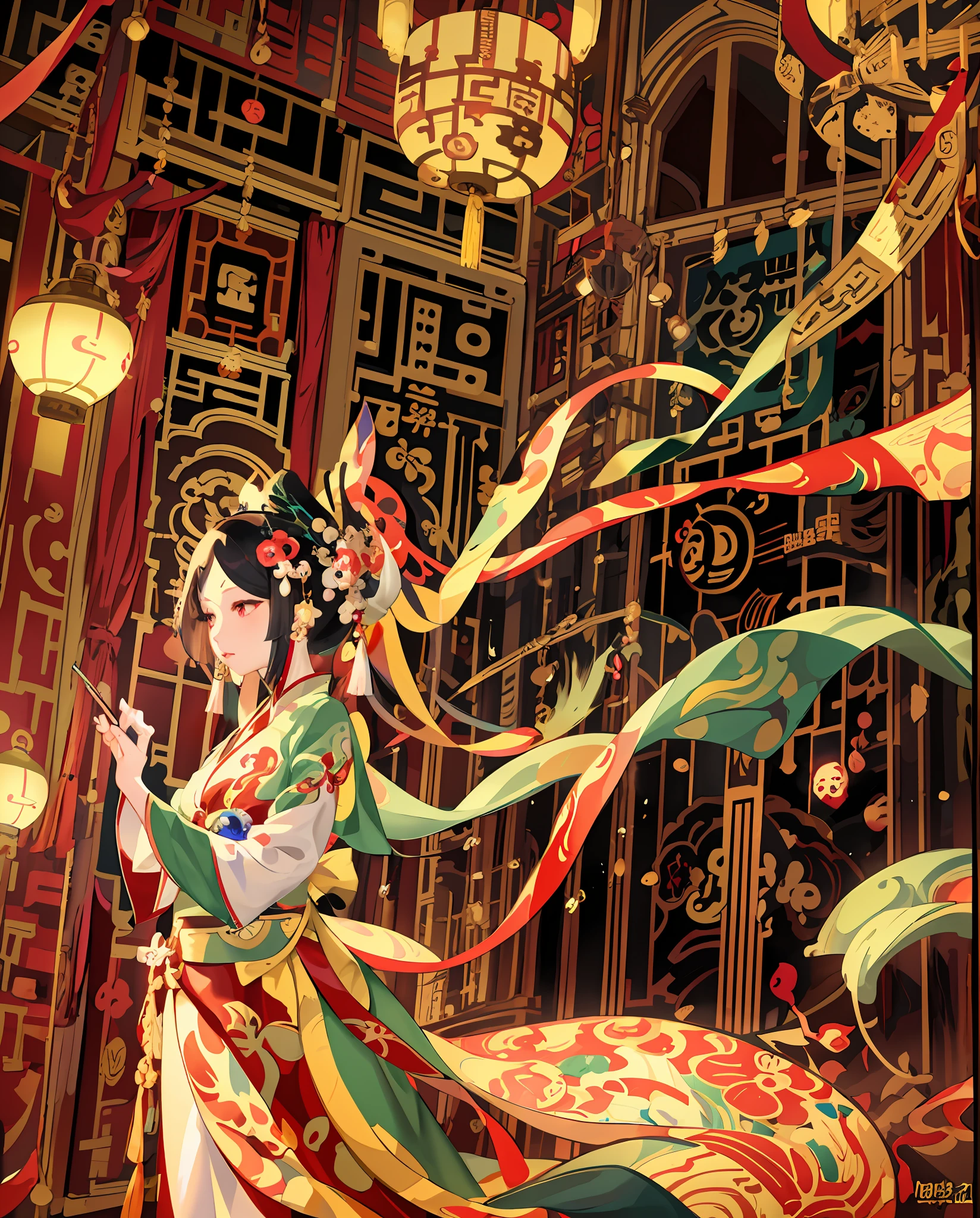 there is a woman in a long dress standing in front of a building, palace ， a girl in hanfu, a beautiful artwork illustration, beautiful character painting, artwork in the style of guweiz, onmyoji detailed art, beautiful digital artwork, by Yang J, by Yu Zhiding, beautiful render of tang dynasty, 2. 5 d cgi anime fantasy artwork
