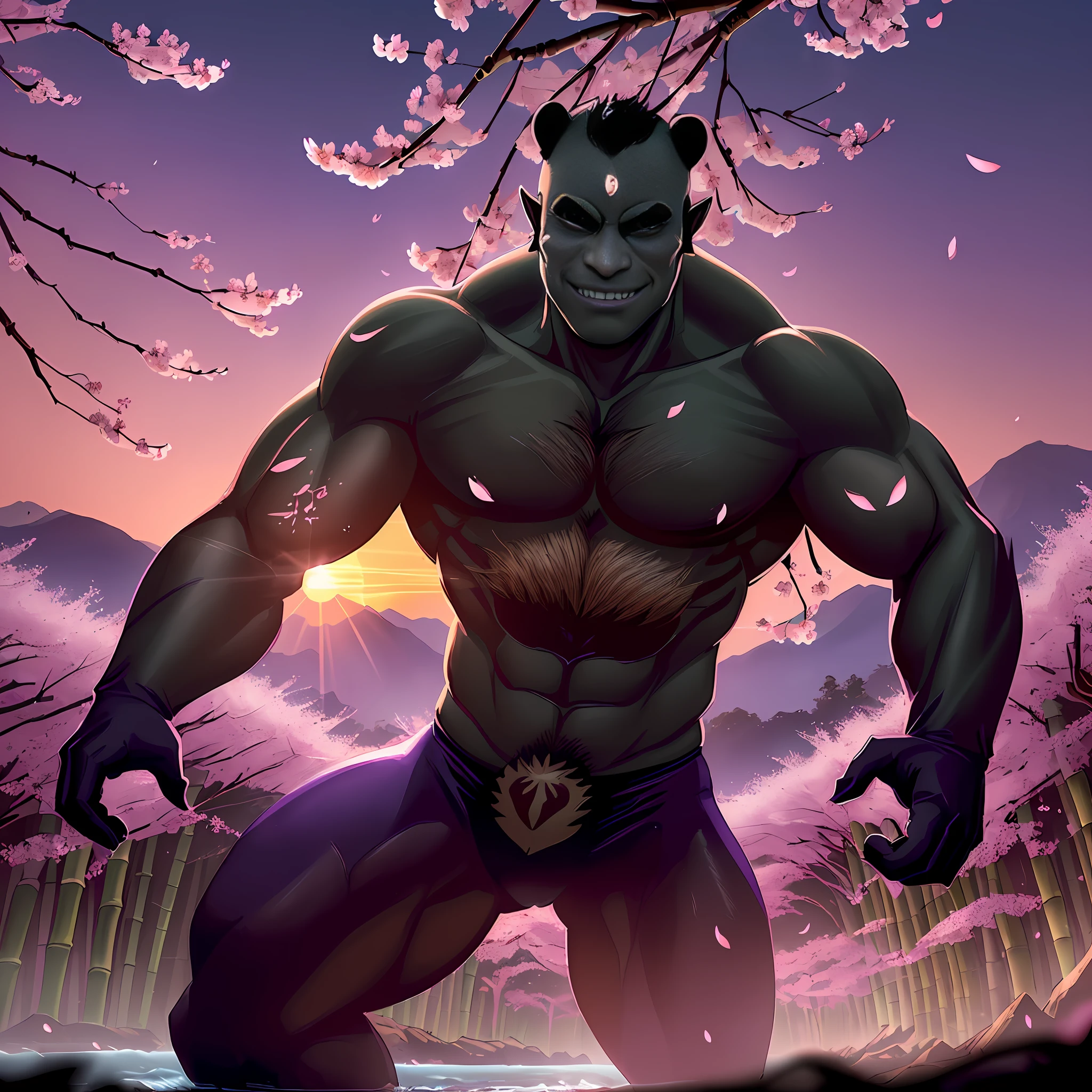 ((brown skinned half-orc transformed into a half-panda half-man posing in the foreground)), shot in 4k, ((bamboo forest, cherry blossoms falling in the background, a gentle wind, sunny day, river))=1.3, contented face:bemused, looking at viewer, masterpiece, vibrant lighting, ultrarealistic, beautiful eyes, age 27, cinematic lighting, (((demonic cherry blossoms falling in background))), (angle from below), (age 30 male), (celestial bioluminescent eyes), ((breath-taking sunset:purple)), (((masterpiece)))=1.6