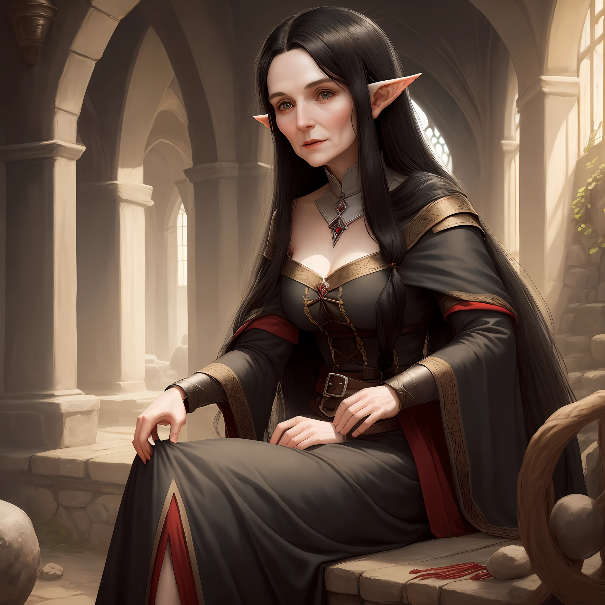 an 80-year-old elf, long black hair, medieval, mother of the protagonist