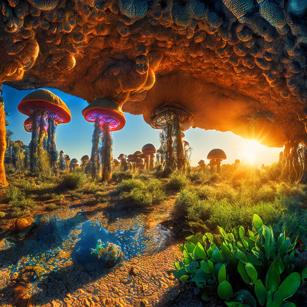 Parallel dimensions: RAW photos of another world full of plants in the desert, golden hour, high contrast, DSLR, HDR, caves, em_midjourney, tomatoes, (bamboo: 1.3) bushes, giants (mushroom kingdom: 1.4), (em_protogemb2: 1.2), solar punk, (floating bubbles: 1.5), jellyfish, (stippling: 1.3), Arabic architecture, (crabs), (artist Henry M. Clive: 1.3), (artist Donato Giancora: 1.3), (Cloisonné: 1.3) - v6