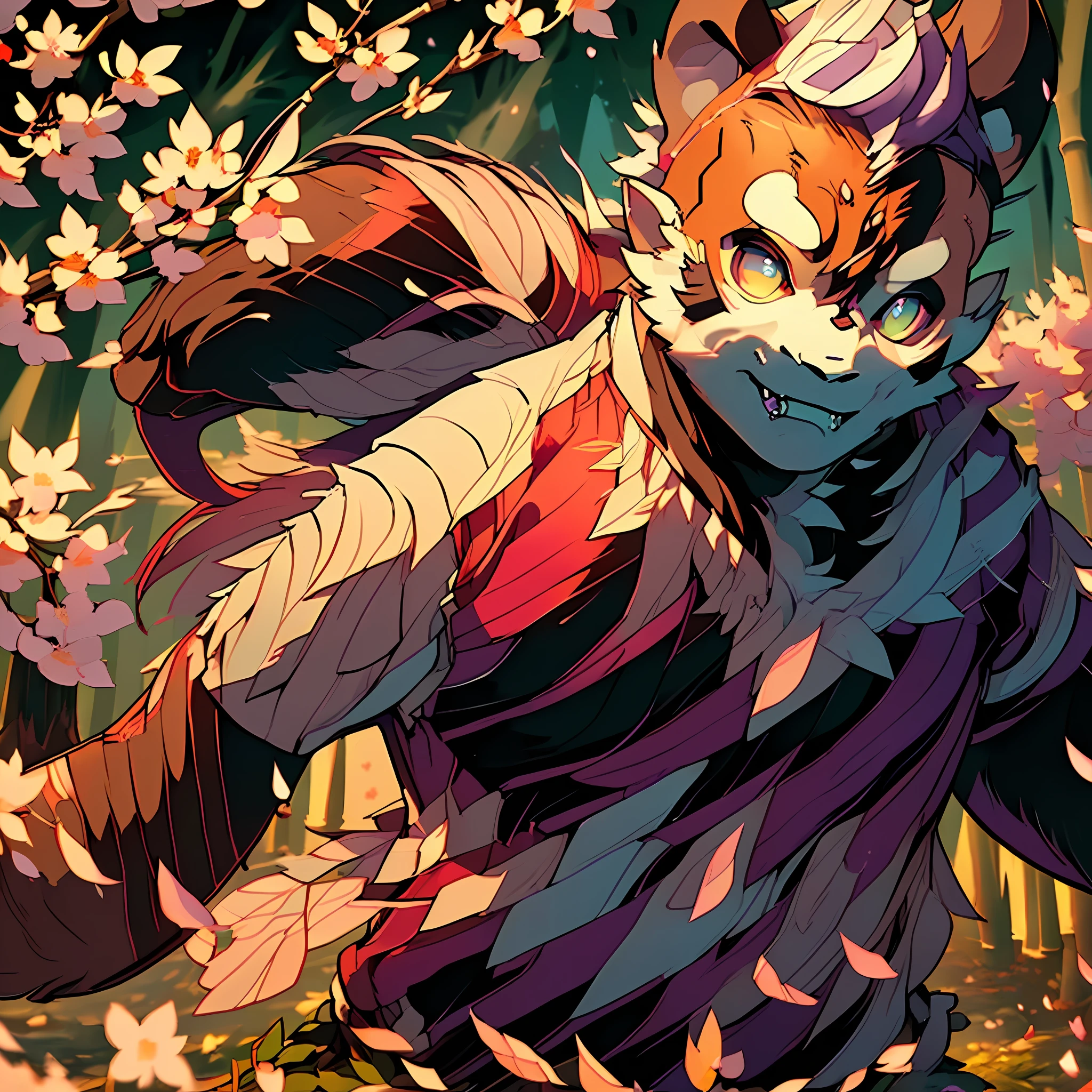 ((brown skinned half-orc transformed into a half-panda half-man posing in the foreground)), shot in 4k, ((bamboo forest, cherry blossoms falling in the background, a gentle wind, sunny day, river))=1.3, contented face:aroused, looking at viewer, masterpiece, vibrant lighting, ultrarealistic, beautiful eyes, age 27, cinematic lighting, (((demonic cherry blossoms falling in background))), (angle from below), (age 30 male), (celestial bioluminescent eyes), ((breath-taking sunset:purple)), (((masterpiece)))=1.6