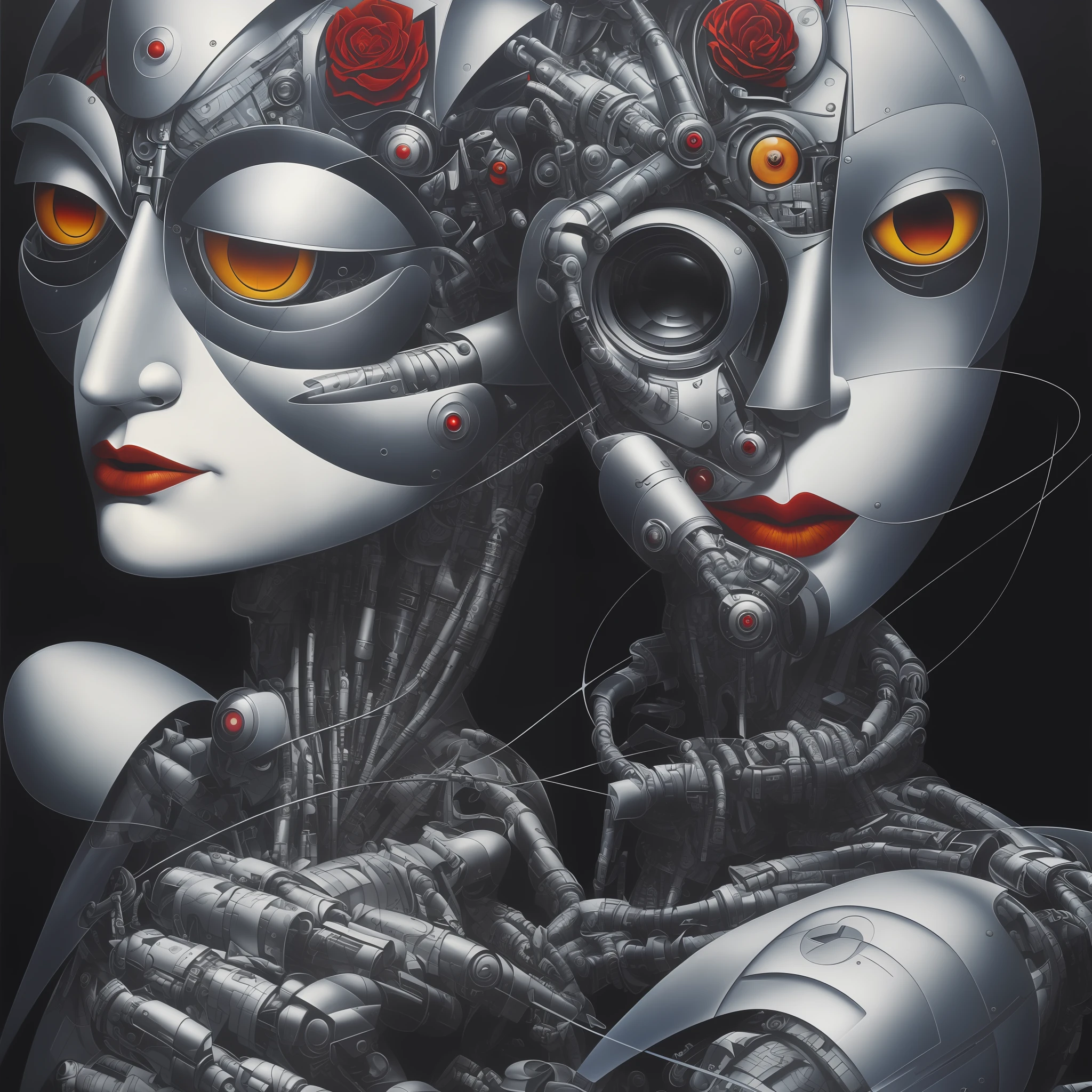 Realistic detailed image of the futuristic cyborg robot creating a painting with acrylic paint and brushes, still from a film by Terrence Malick, Tarkovsky, Gaspar Noe, James Cameron. by Ayami Kojima, Amano, Karol Bak, Greg Hildebrandt and Mark Brooks, Neo-Gothic, Gothic, rich and deep colors. Painting by Beksinski, part by Adrian Ghenie and Gerhard Richter. art by Takato Yamamoto. artwork, fringe
