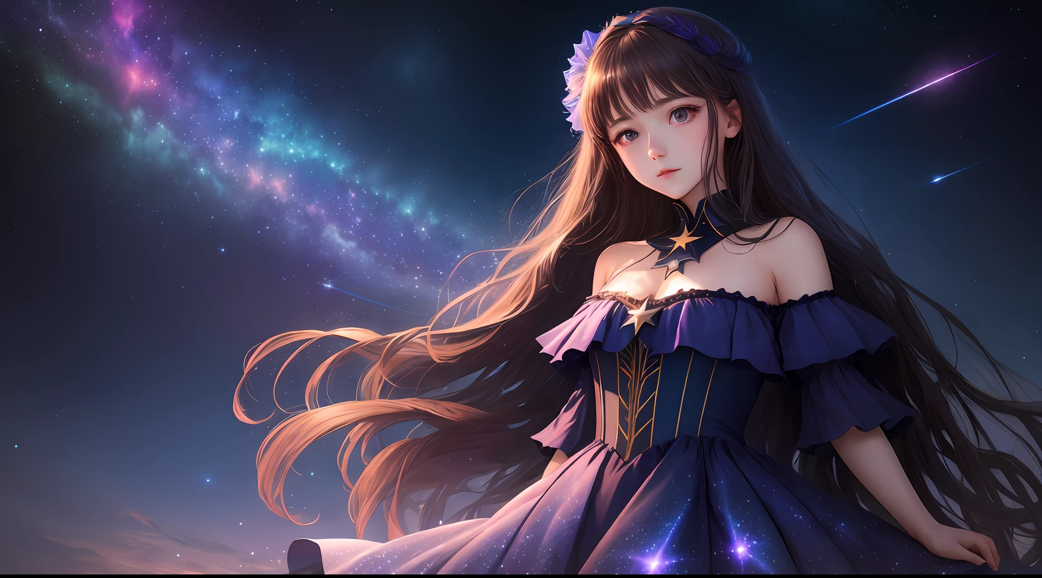 masterpiece, best quality, high quality, absurdres, 1girl, star \(sky\), 1girl, starry sky, dress, solo, long hair, light particles, gradient, gradient background, bare shoulders, night sky
