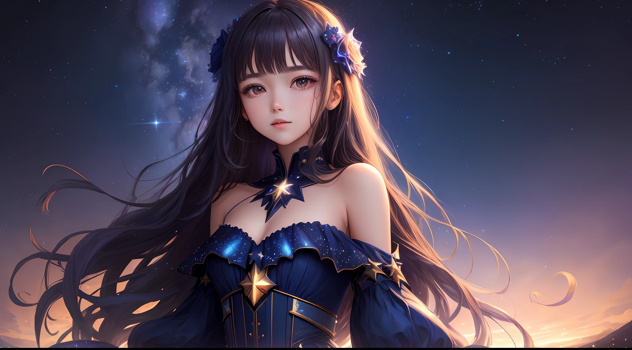 masterpiece, best quality, high quality, absurdres, 1girl, star \(sky\), 1girl, starry sky, dress, solo, long hair, light particles, gradient, gradient background, bare shoulders, night sky