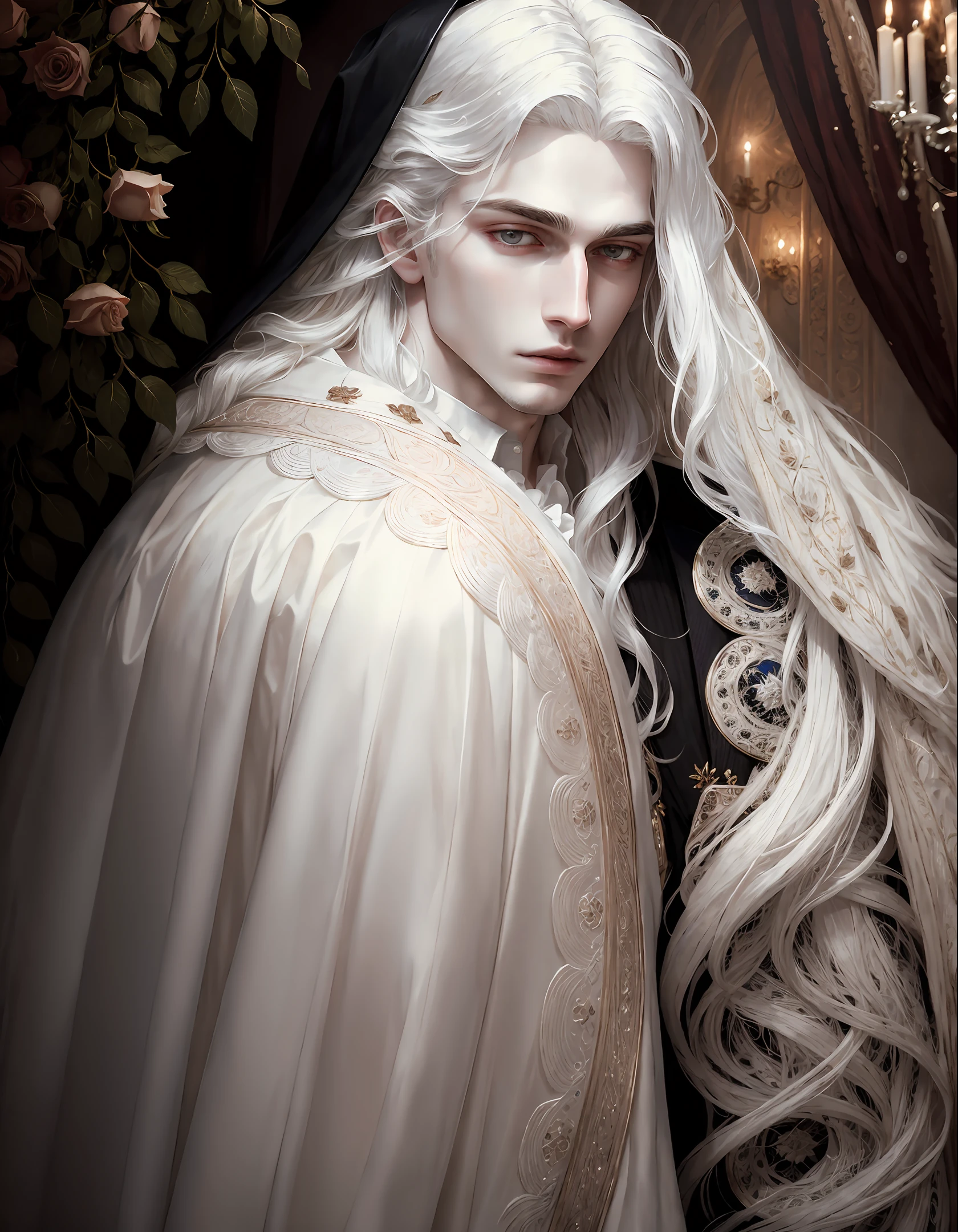 masterpiece, highest quality, solo focus, (perfect face:1.1), (intricate details:1.1),dramatic, 1guy, (pale skin), long white hair, white eyes, solo, long hair, moon, night, white luxury suit, pouty lips, vampire, gorgeous hyper detailed face, roses, detailed background, cinematic lighting
