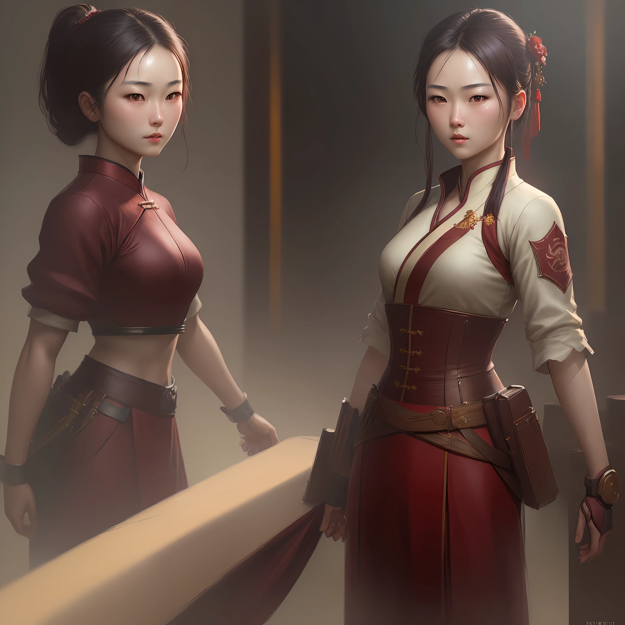 (((Masterpiece))), jinny chinese female fighter by peter wong july 2014, in the style of nick alm, Artstation fantasy, dark maroon and light beige, ultrarealistic, highly detailed, high quality