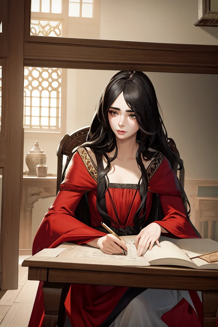 Lily Collins with long, wavy black hair, thin eyebrows, simple red dress of a medieval commoner, sitting at a table writing on parchment with a quill, inside a luxurious bedroom with soft, defined features by artgerm and moebius, beautiful, hyperrealism , highly detailed, 8k, intricate, dynamic dramatic dark moody lighting, shadows, artstation, concept art, octane render