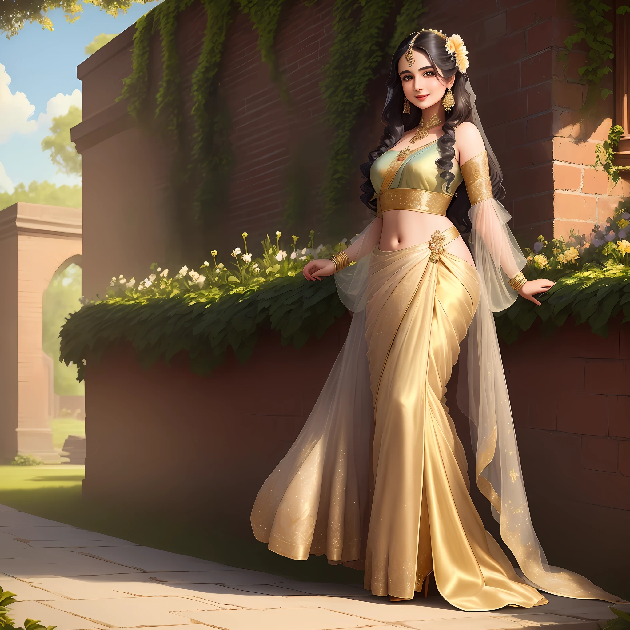An exquisite masterpiece of a solo girl in a beautiful garden setting with a brick wall and blue sky in the background - she has a charming round face, stunning long hair elegantly draped in a golden saree, paired with a black glitter blouse with full sleeves and silver flower jewelry; she holds a glamorous golden bag with an enchanting smile, standing confidently atop a pair of stunning heels.