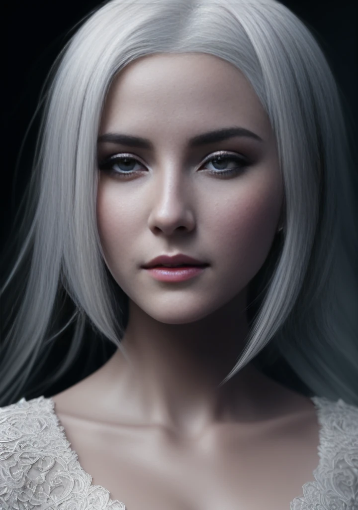 there is a woman with white hair and a white dress, stunning cgsociety, elegant lady with alabaster skin, cgsociety portrait, beautiful fantasy portrait, detailed matte fantasy portrait, intricate wlop, cgsociety 8k, cgsociety 8 k, cgsociety 8k, beautiful fantasy art portrait, trending in cgsociety, high definition cgsociety