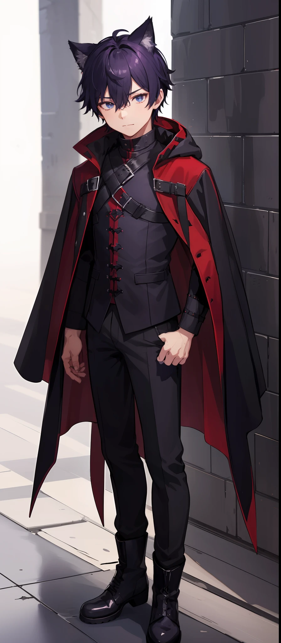 a boy with dark purple cat ears, cat tail, a red cloak, black boots, dark violet robed shirt, matte black combat pants, black combat boots, dark blue eyes