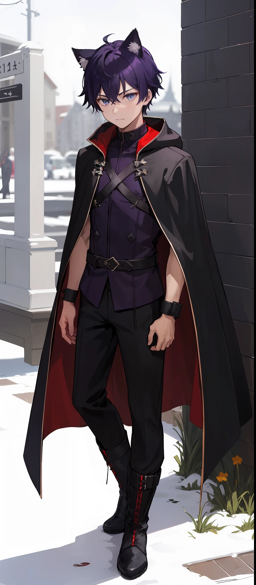 a boy with dark purple cat ears, cat tail, a red cloak, black boots, dark violet robed shirt, matte black combat pants, black combat boots, dark blue eyes