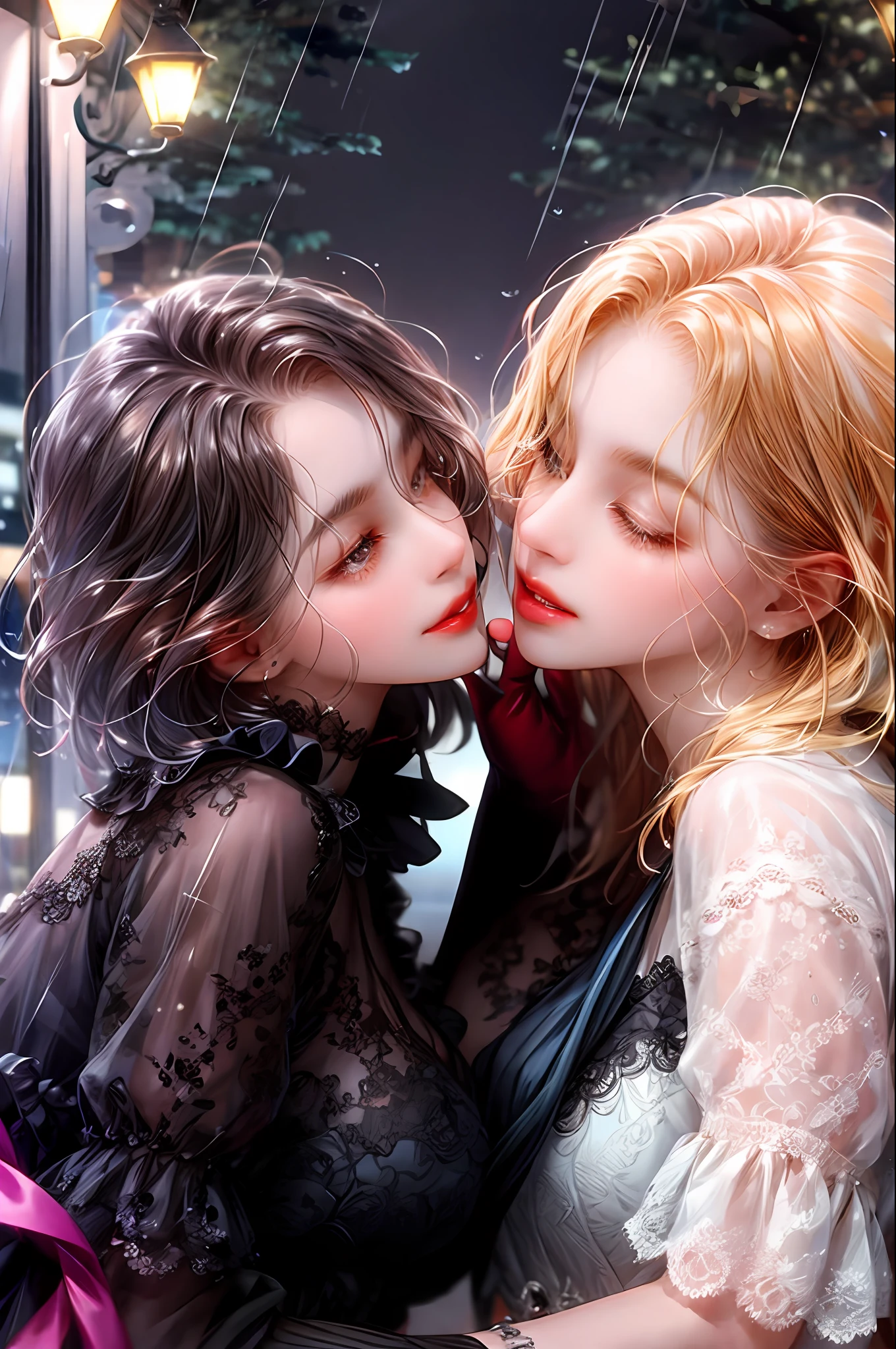 Two lesbian girls kissing in the rain is at night both in love