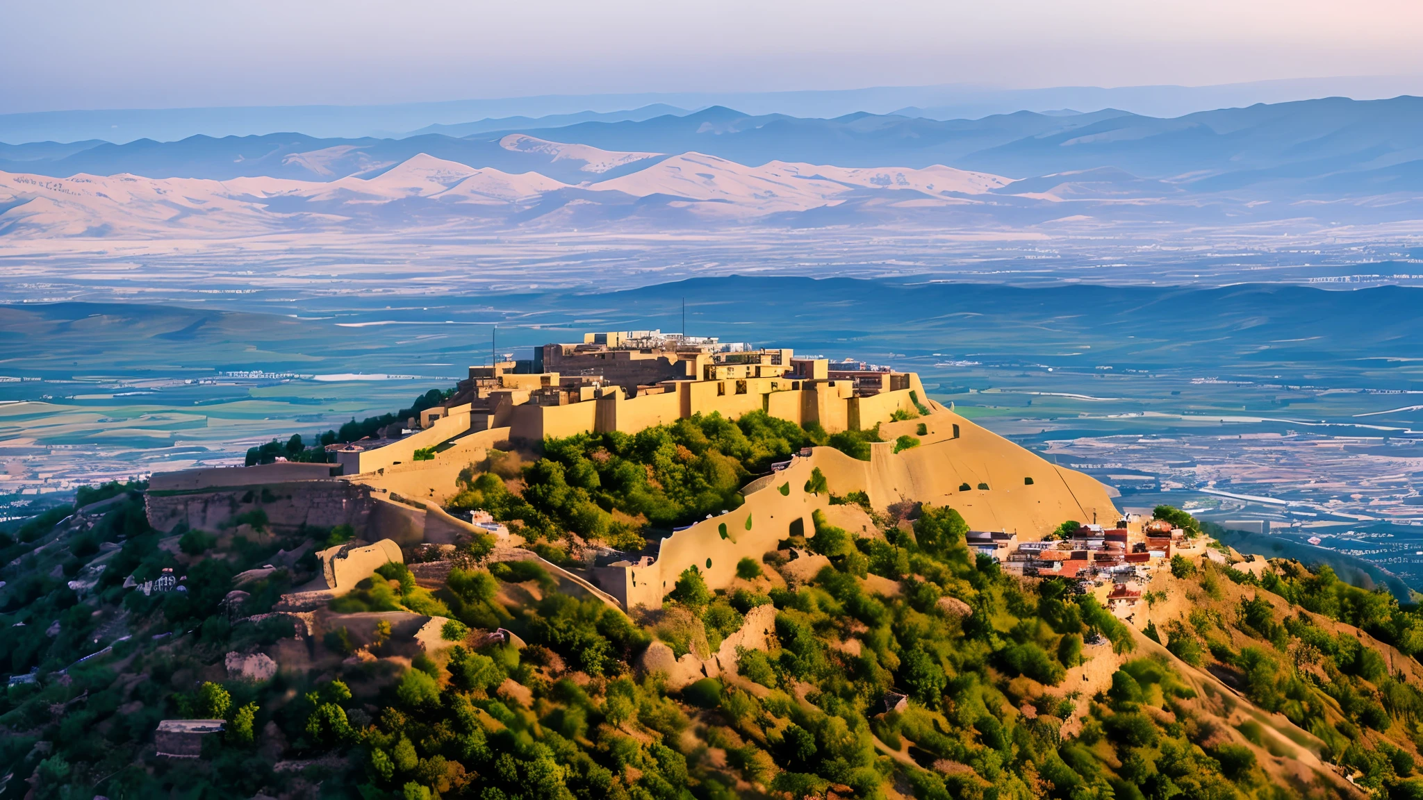 arafed view of ancient town of Amedi in Kurdistan, mountain with a town on top of it, mountain fortress city, above view, entire city in view, mountains and a huge old city, view of villages, panoramic view, panorama of crooked ancient city, panorama view, surrounding the city, style of Raphael Lacoste, city on a hillside, view from above, top - view