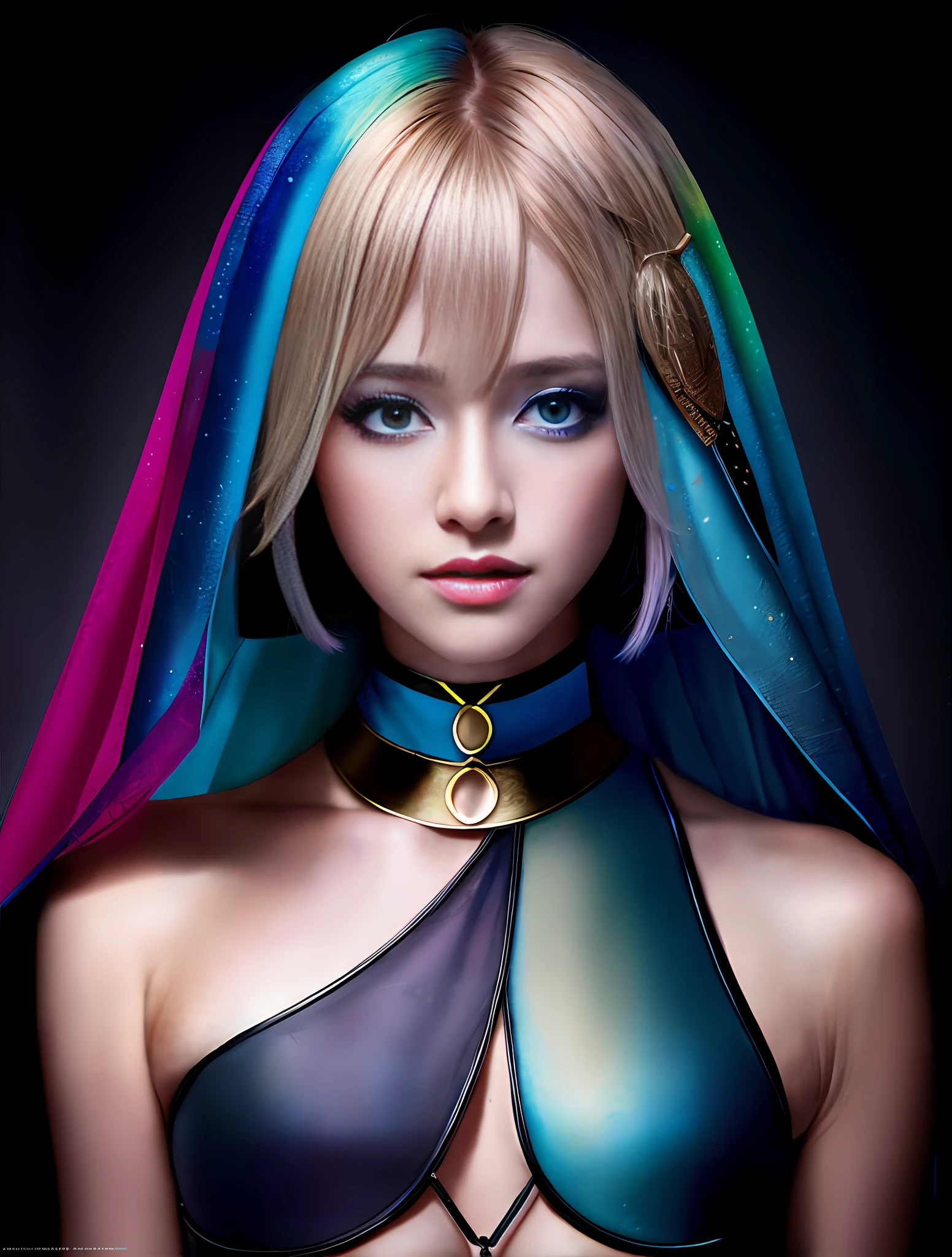 Beautiful supermodel woman with blonde hair, a lock of hair with a slight highlight, blue-gray eyes, mixed medium, undried paint, jewel beetle, colored background, liquid color flowing across her face, photographed by Jingna Chang. --v 6