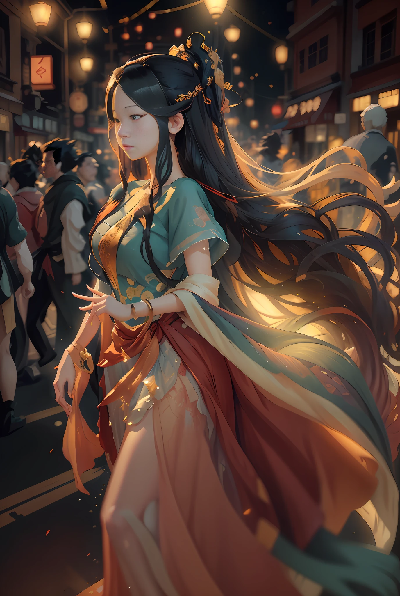 there is a woman walking down the street with a long dress, artwork in the style of guweiz, anime girl with long hair, flowing hair and long robes, anime style. 8k, glowing flowing hair, artgerm and atey ghailan, realistic anime 3 d style, beautiful character painting, anime style 4 k, guweiz, beautiful digital artwork