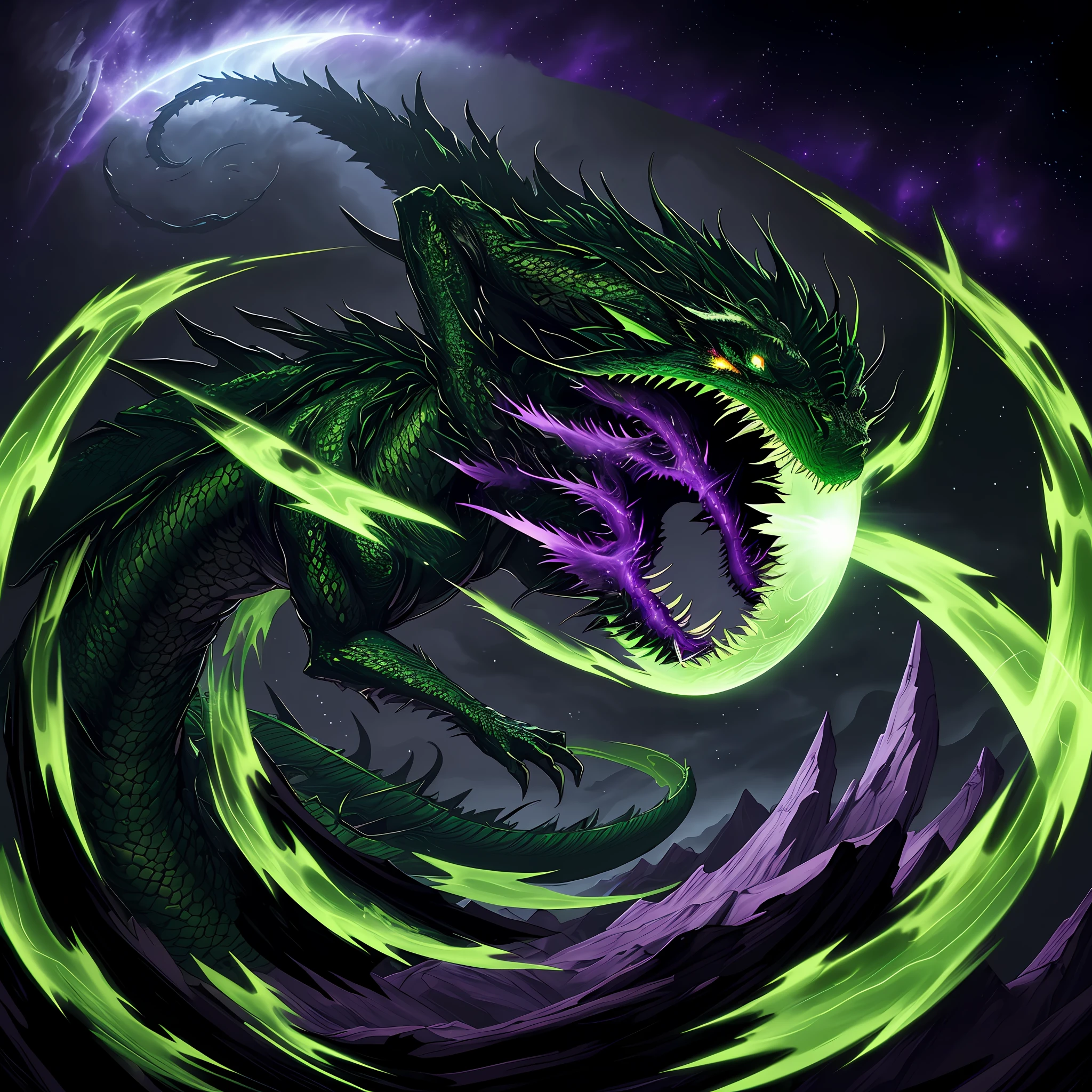 Green Chinese dragon: celestial eldritch coiled to strike,dark fantasy, dark atmosphere, eldritch horrors falling from sky, dark purple moonlit sky, fisheye lens, angle from side, masterpiece, corrupted celestial energy, looking at viewer, piercing death gaze, enraged face:psychotic, glowing celestial eyes