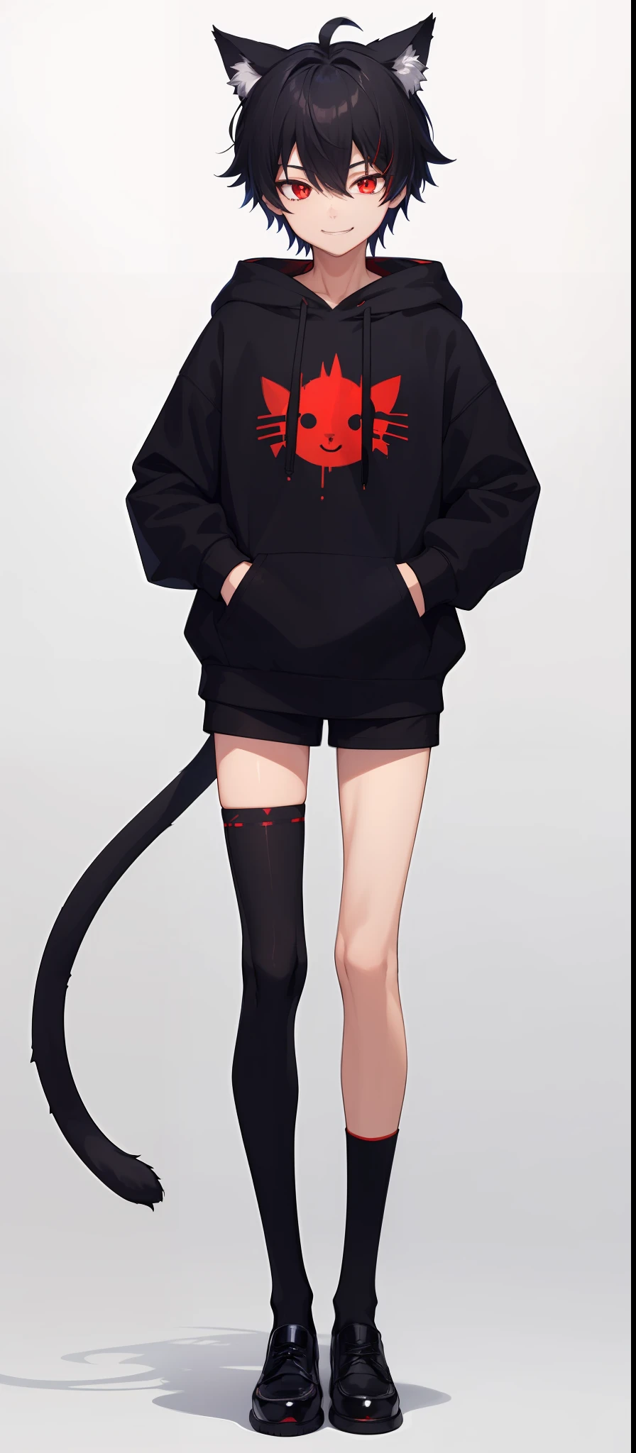 1boy, toned, sharp cat ears, cat tail, black messy hair, wide extremely vibrant red eyes, HD, masterpiece, vibrant, black shoes, slim dark blue hoodie, full body view, warm smile, black thigh socks