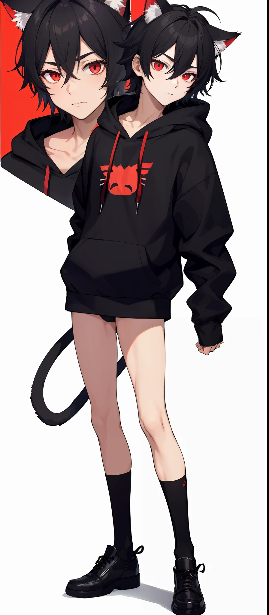 1boy, toned, sharp cat ears, cat tail, black messy hair, wide extremely vibrant red eyes, HD, masterpiece, vibrant, black shoes, slim dark hoodie, full body view, neutral face, black thigh socks