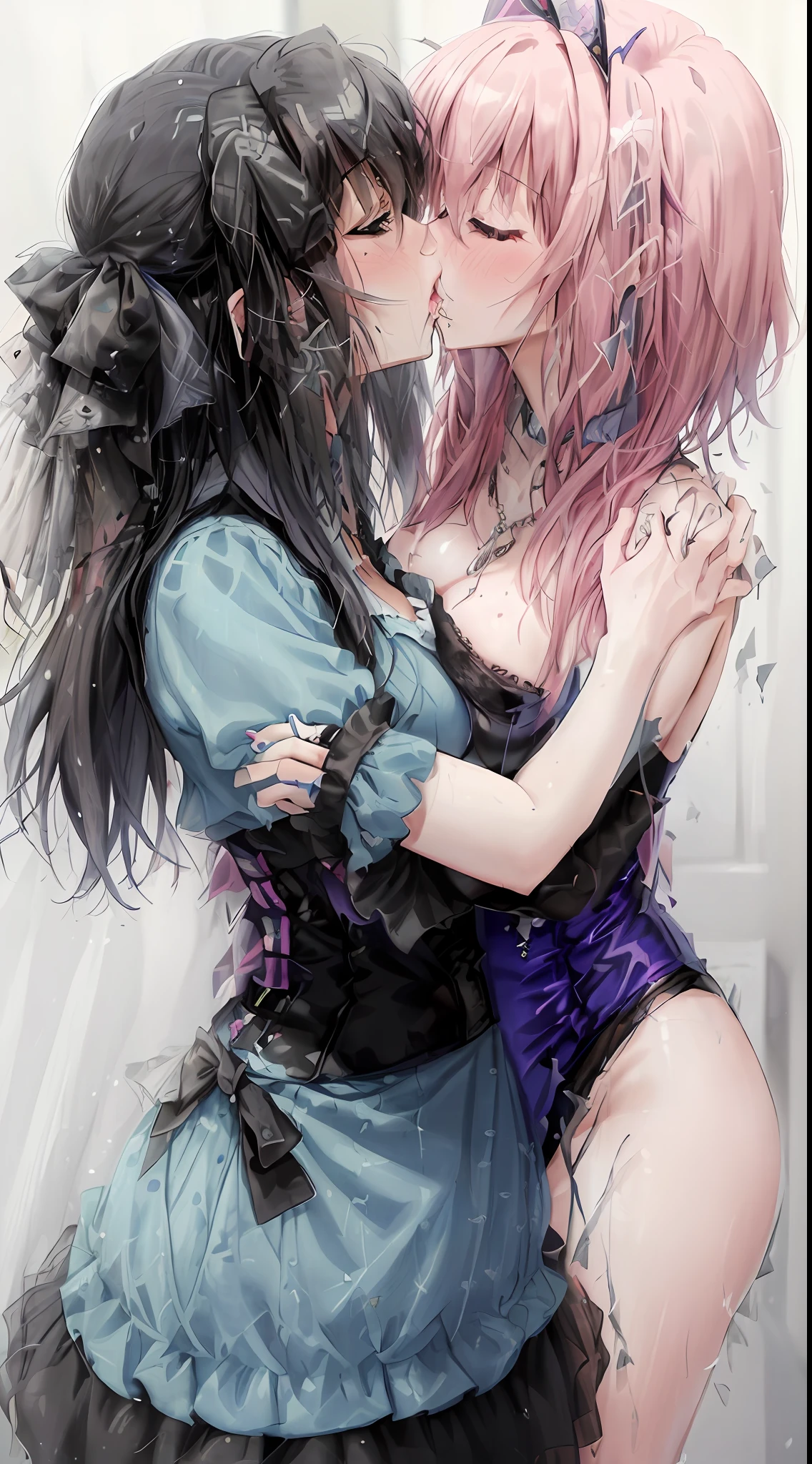 "((({{masterpiece}}))), {{best quality}}, {{highres}}, ((2girls)), {{yuri}}, ((kiss:1.4)), ((french kiss)), {{blush}}, {{closed eyes}}, ((tongue)), ((saliva)), ((groping)), {{hand on breast}}, {{makeup emo}}, {{goth}}, ((separate bodies)), {{8k}}, {{detailed}}, {{enchanted}}, hair black ando purple, hair pink ando blue, emo dress