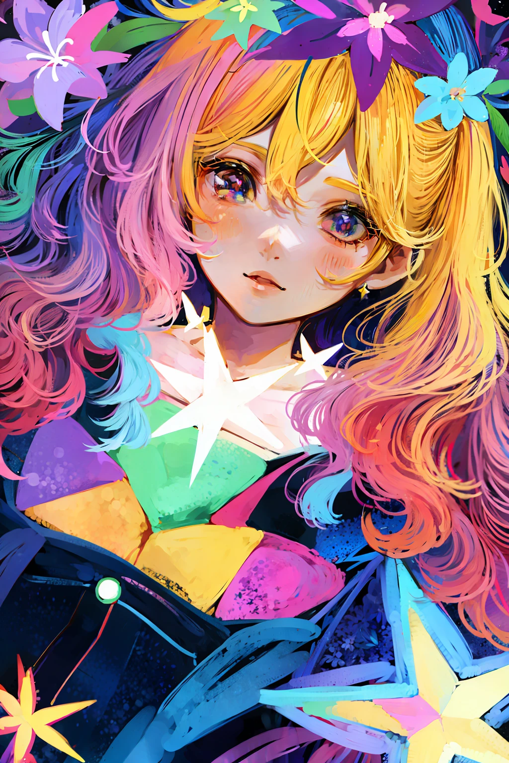 Anime 2d style light blonde haired girl with lavender colored eyes wearing colorful star shaped clips in a world of rainbow, stars and flowers